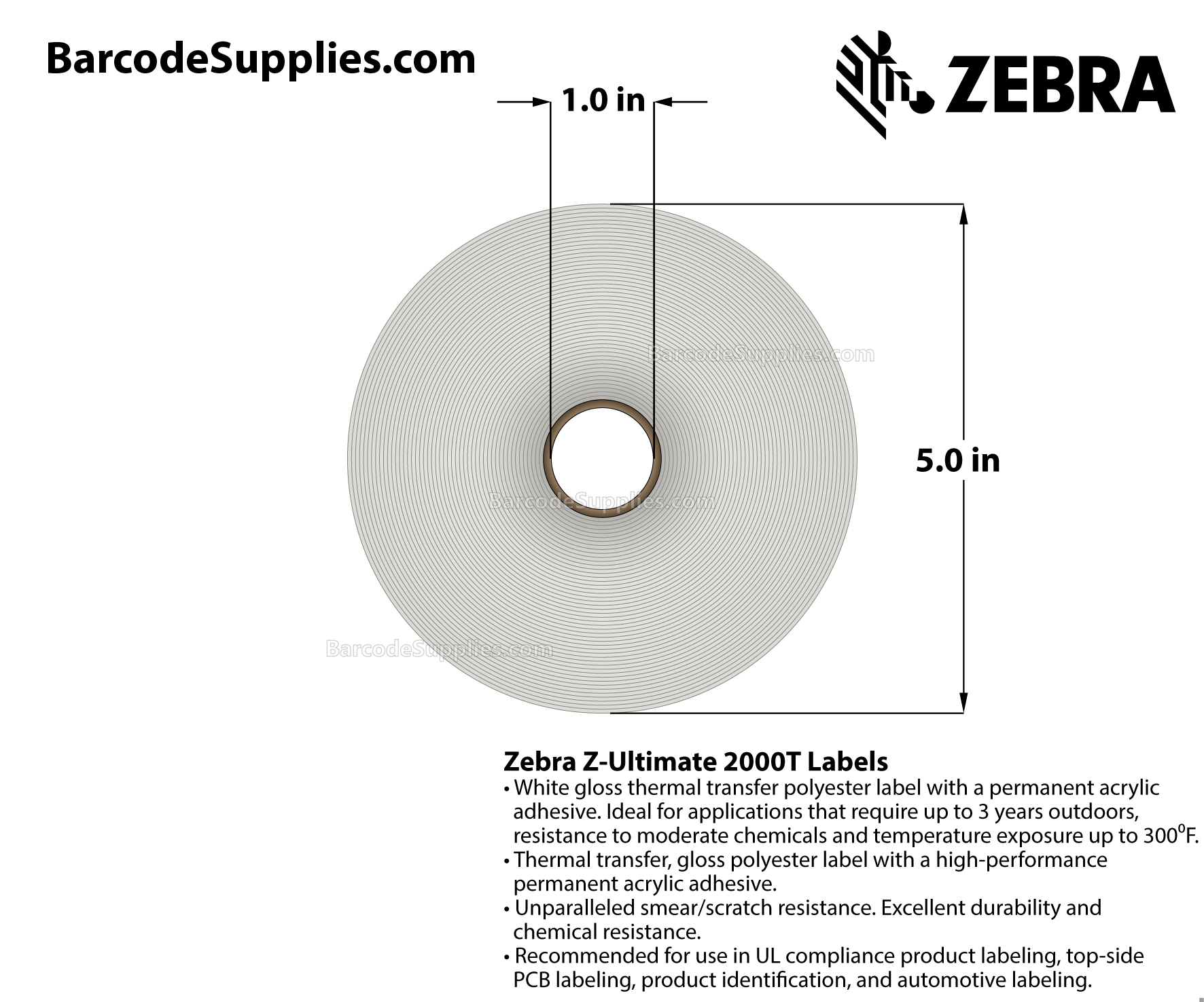 1 x 0.5 Thermal Transfer White Z-Ultimate 2000T (3-Across) Labels With Permanent Adhesive - Perforated - 5001 Labels Per Roll - Carton Of 1 Rolls - 5001 Labels Total - MPN: 10022982
