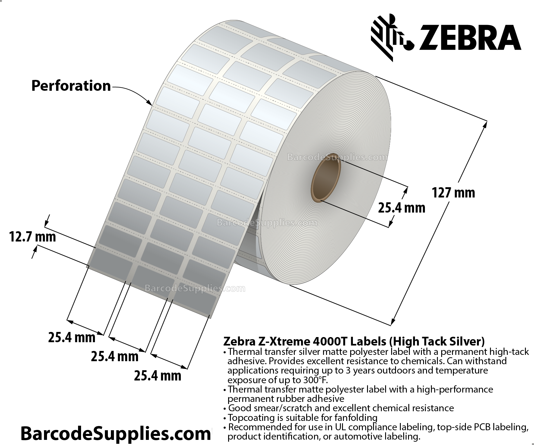 1 x 0.5 Thermal Transfer Silver Z-Xtreme 4000T High-Tack Silver (3-Across) Labels With High-tack Adhesive - Perforated - 5001 Labels Per Roll - Carton Of 1 Rolls - 5001 Labels Total - MPN: 10023169