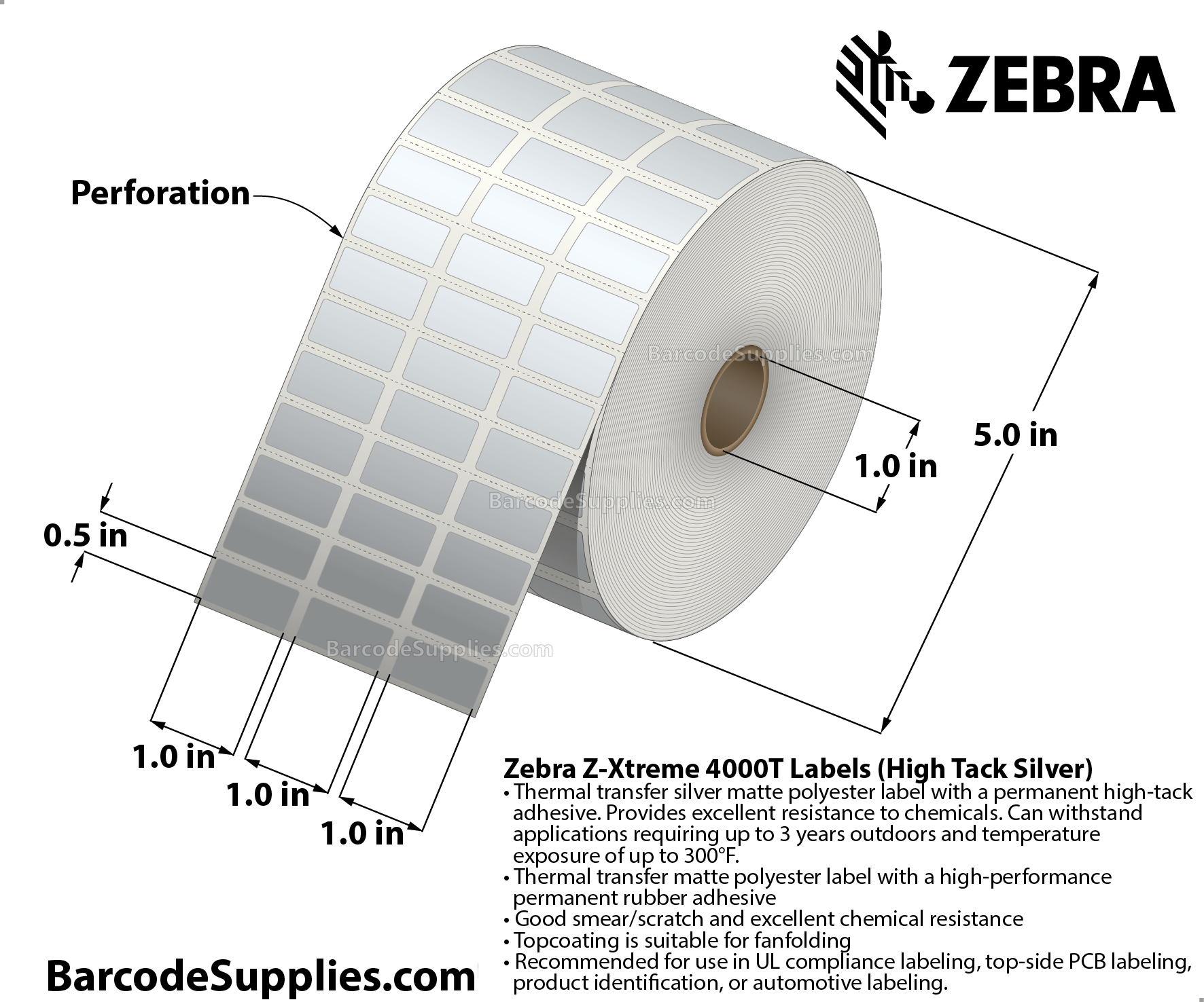 1 x 0.5 Thermal Transfer Silver Z-Xtreme 4000T High-Tack Silver (3-Across) Labels With High-tack Adhesive - Perforated - 5001 Labels Per Roll - Carton Of 1 Rolls - 5001 Labels Total - MPN: 10023169