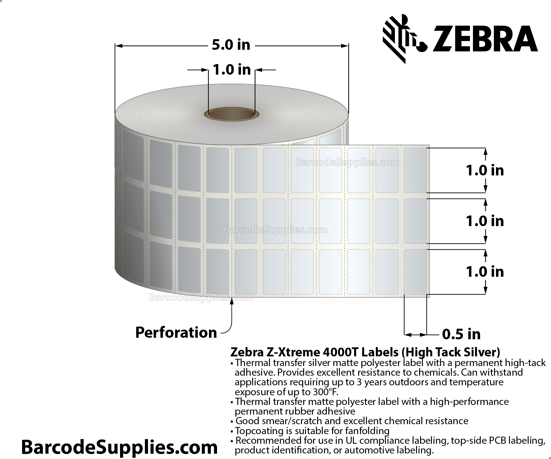1 x 0.5 Thermal Transfer Silver Z-Xtreme 4000T High-Tack Silver (3-Across) Labels With High-tack Adhesive - Perforated - 5001 Labels Per Roll - Carton Of 1 Rolls - 5001 Labels Total - MPN: 10023169