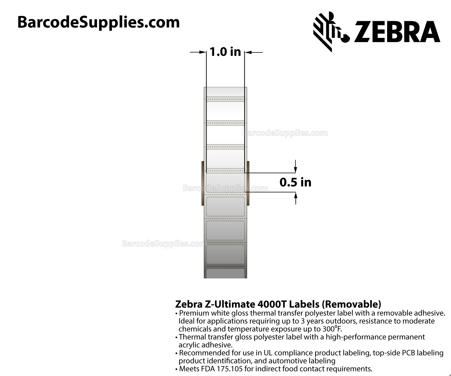 Products 1 x 0.5 Thermal Transfer White Z-Ultimate 4000T Removable Labels With Removable Adhesive - Perforated - 2500 Labels Per Roll - Carton Of 1 Rolls - 2500 Labels Total - MPN: 10023067