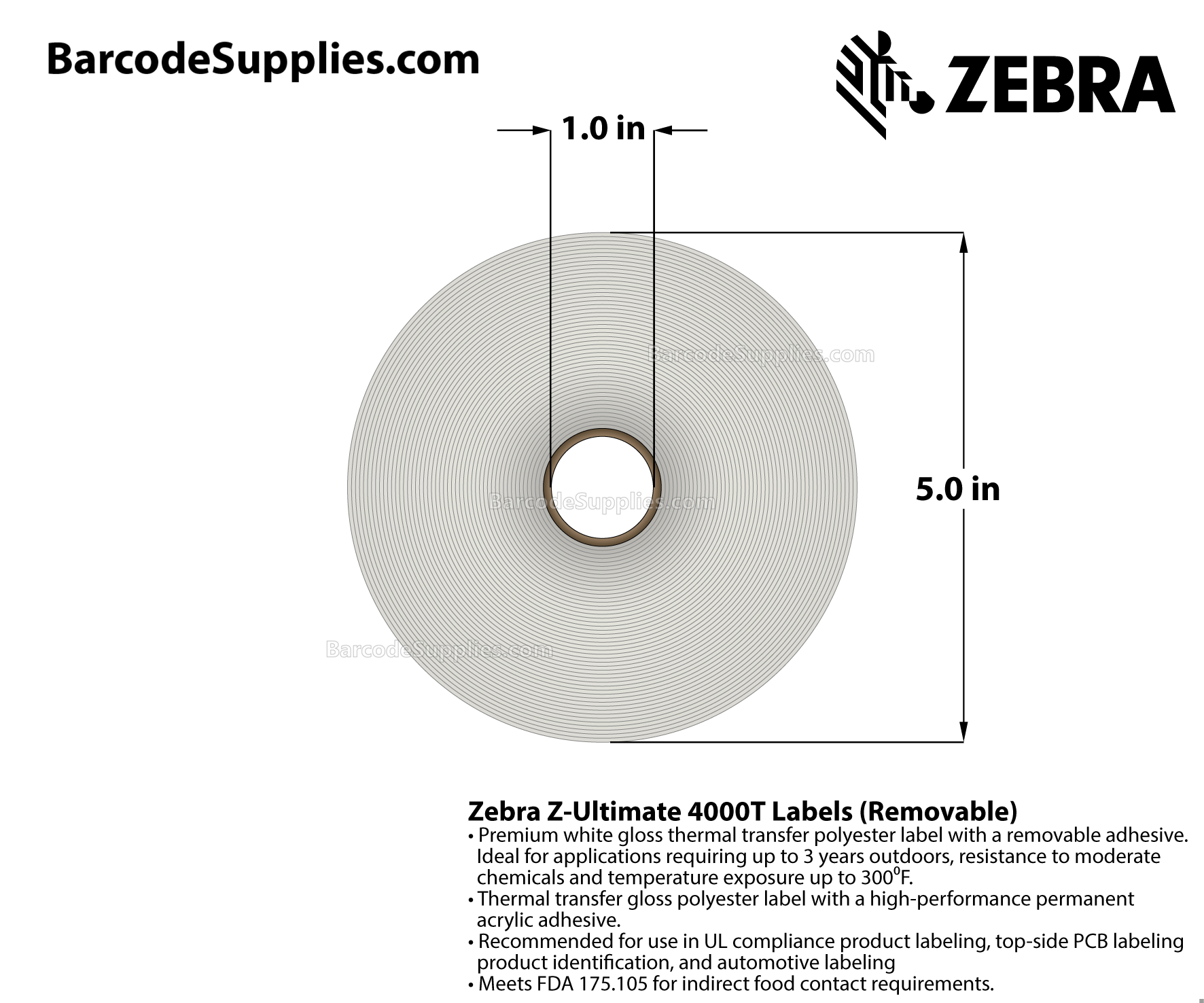 Products 1 x 0.5 Thermal Transfer White Z-Ultimate 4000T Removable Labels With Removable Adhesive - Perforated - 2500 Labels Per Roll - Carton Of 1 Rolls - 2500 Labels Total - MPN: 10023067