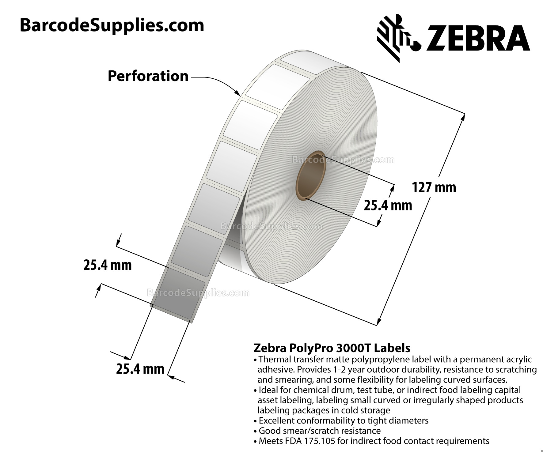1 x 1 Thermal Transfer White PolyPro 3000T Labels With Permanent Adhesive - Perforated - 2000 Labels Per Roll - Carton Of 1 Rolls - 2000 Labels Total - MPN: 10023328
