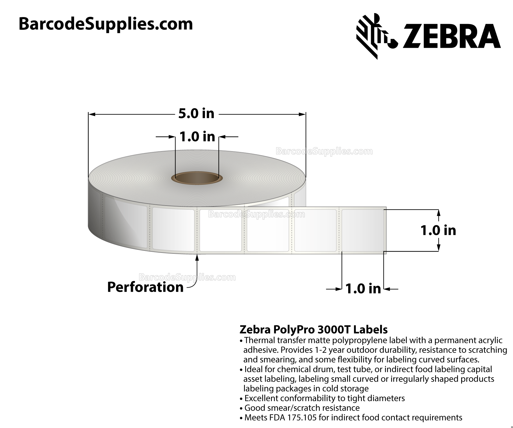 1 x 1 Thermal Transfer White PolyPro 3000T Labels With Permanent Adhesive - Perforated - 2000 Labels Per Roll - Carton Of 1 Rolls - 2000 Labels Total - MPN: 10023328