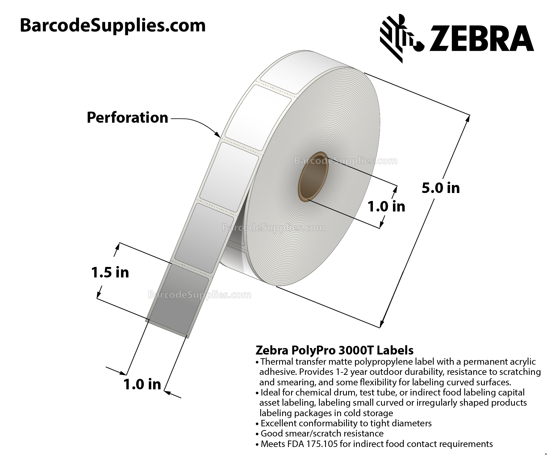 1 x 1.5 Thermal Transfer White PolyPro 3000T Labels With Permanent Adhesive - Perforated - 1450 Labels Per Roll - Carton Of 1 Rolls - 1450 Labels Total - MPN: 10023329