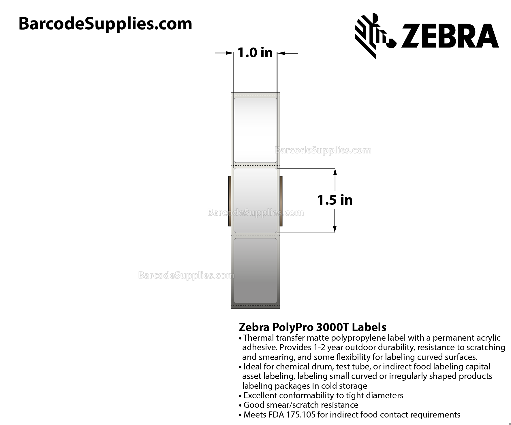 1 x 1.5 Thermal Transfer White PolyPro 3000T Labels With Permanent Adhesive - Perforated - 1450 Labels Per Roll - Carton Of 1 Rolls - 1450 Labels Total - MPN: 10023329