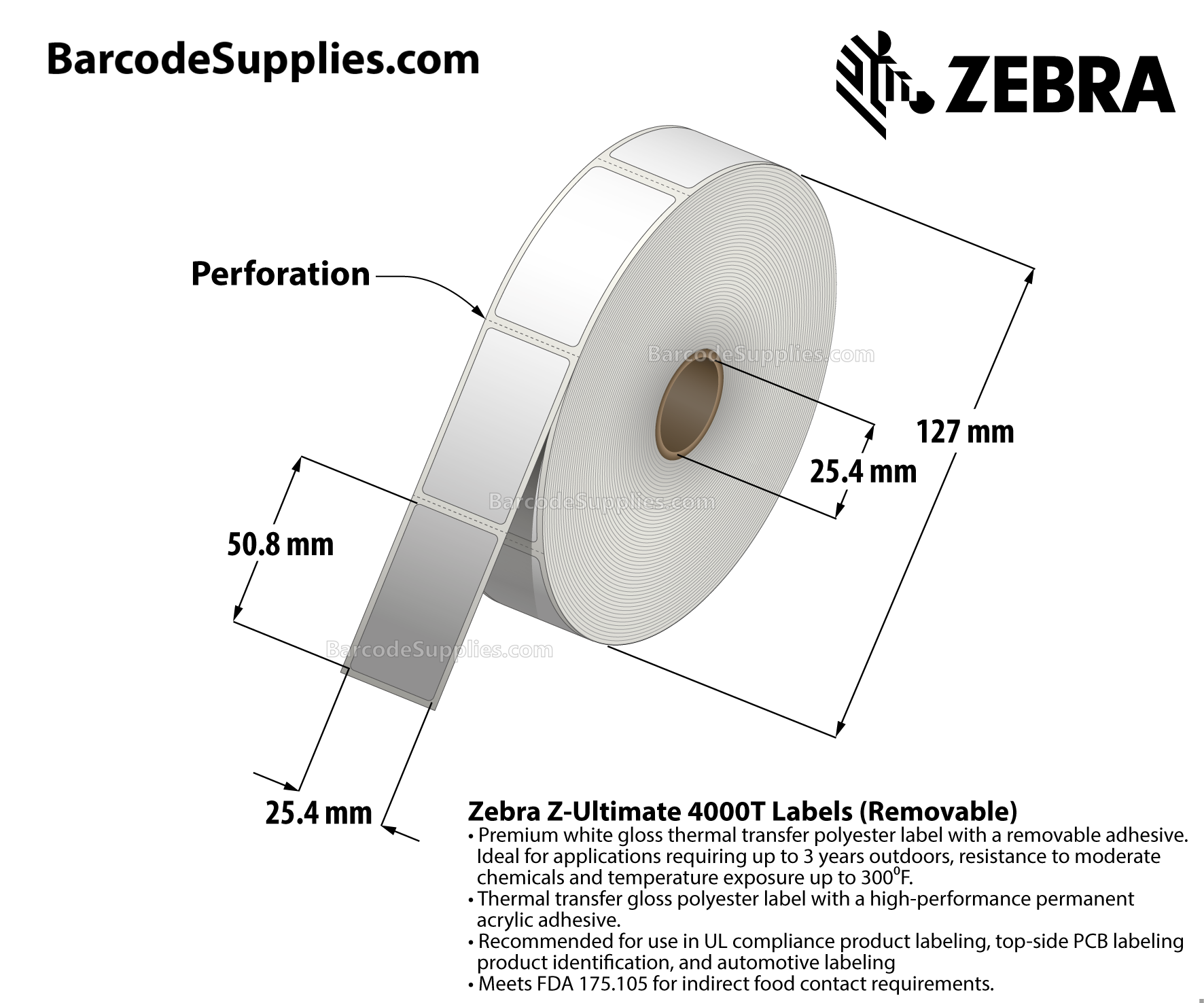 1 x 2 Thermal Transfer White Z-Ultimate 4000T Removable Labels With Removable Adhesive - Perforated - 1500 Labels Per Roll - Carton Of 1 Rolls - 1500 Labels Total - MPN: 10023148