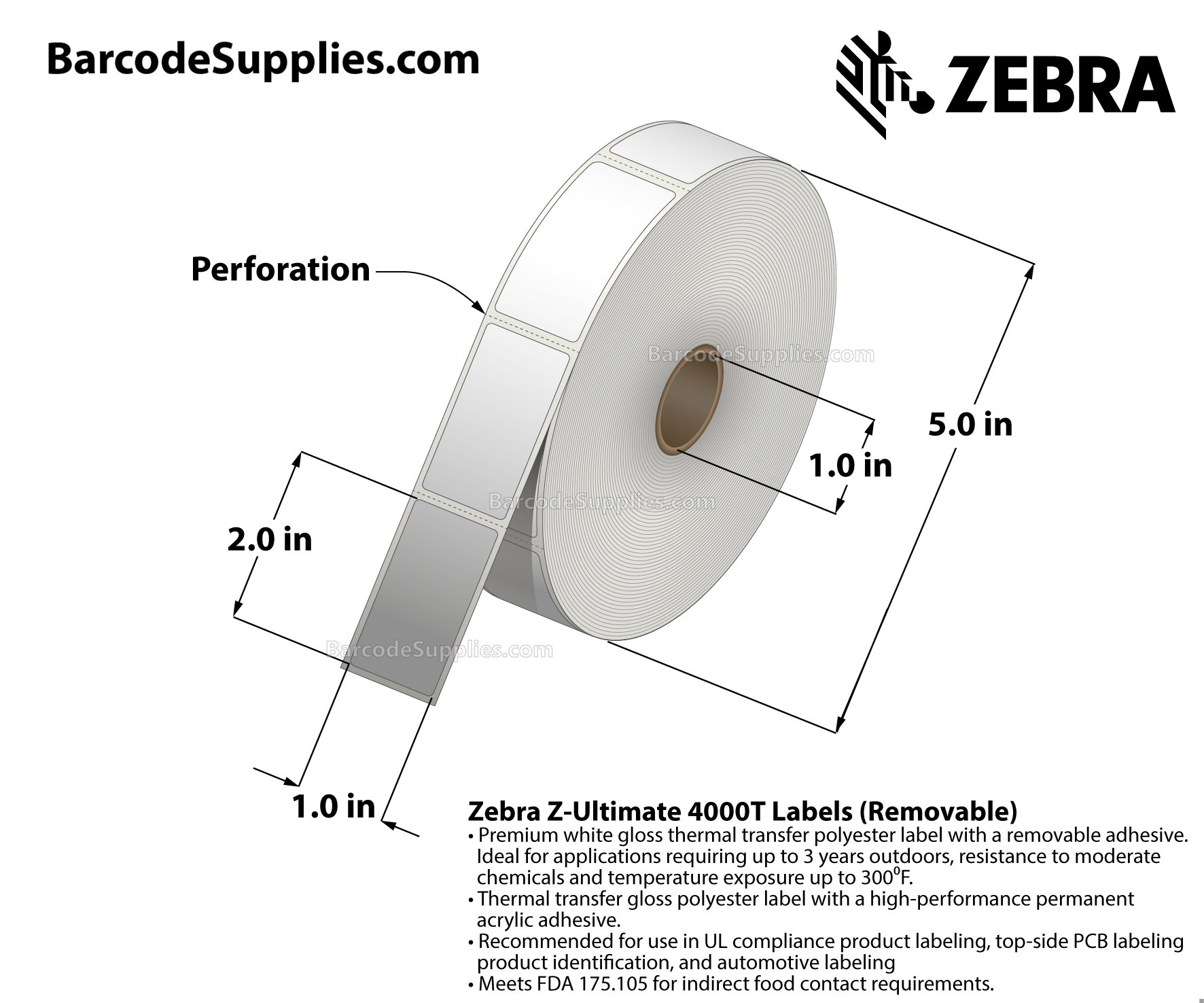 1 x 2 Thermal Transfer White Z-Ultimate 4000T Removable Labels With Removable Adhesive - Perforated - 1500 Labels Per Roll - Carton Of 1 Rolls - 1500 Labels Total - MPN: 10023148