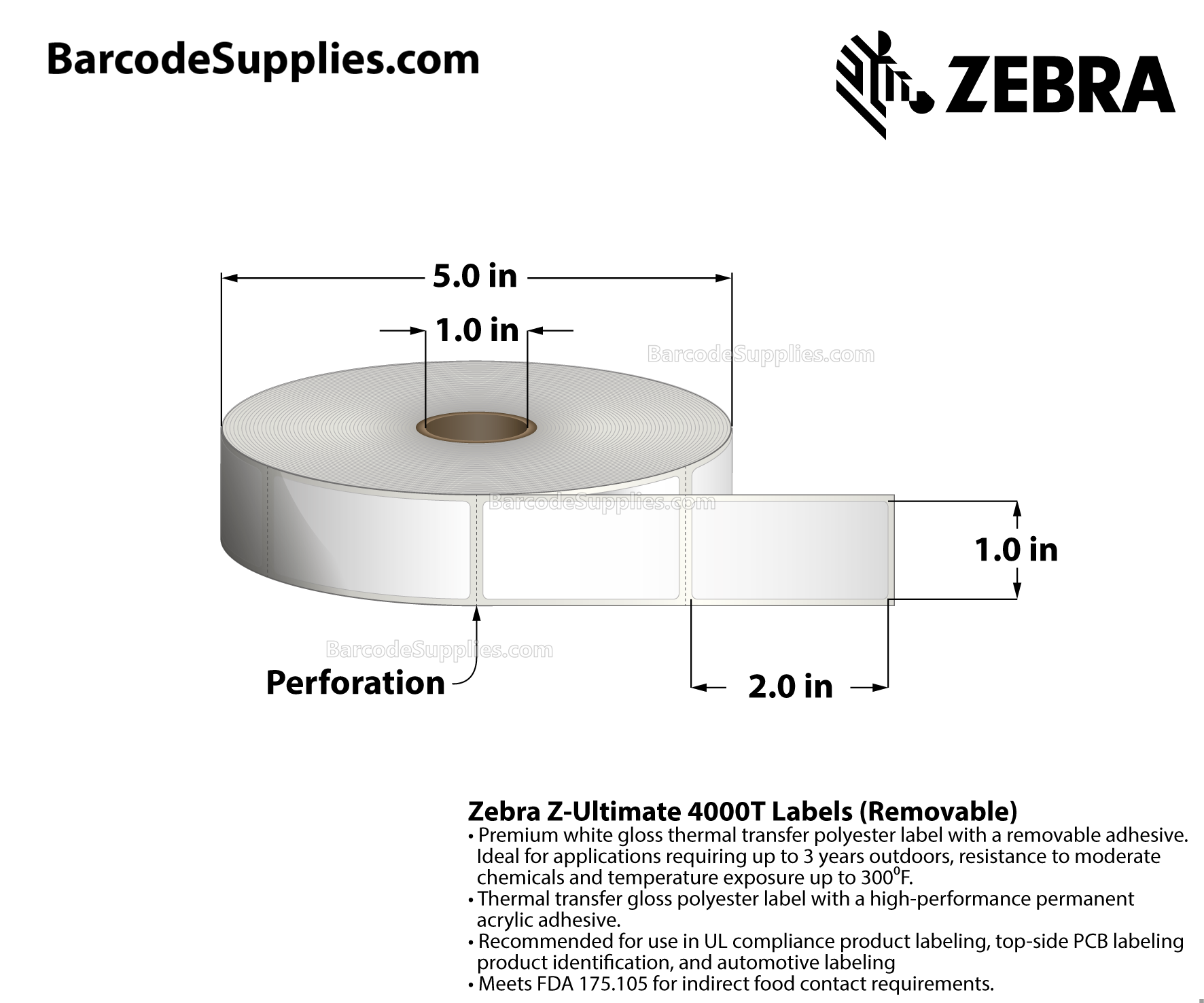 1 x 2 Thermal Transfer White Z-Ultimate 4000T Removable Labels With Removable Adhesive - Perforated - 1500 Labels Per Roll - Carton Of 1 Rolls - 1500 Labels Total - MPN: 10023148