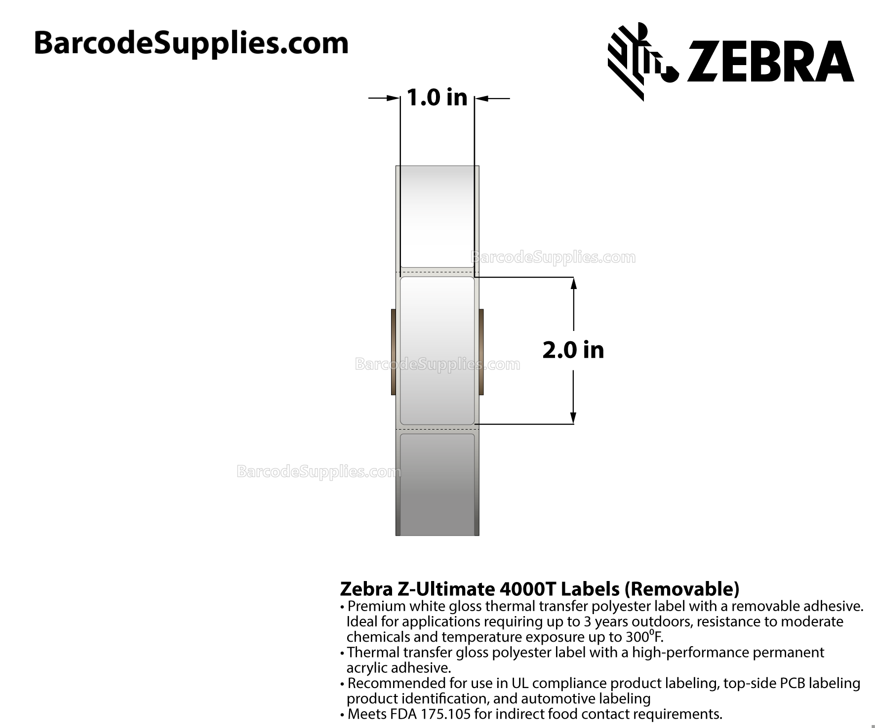1 x 2 Thermal Transfer White Z-Ultimate 4000T Removable Labels With Removable Adhesive - Perforated - 1500 Labels Per Roll - Carton Of 1 Rolls - 1500 Labels Total - MPN: 10023148