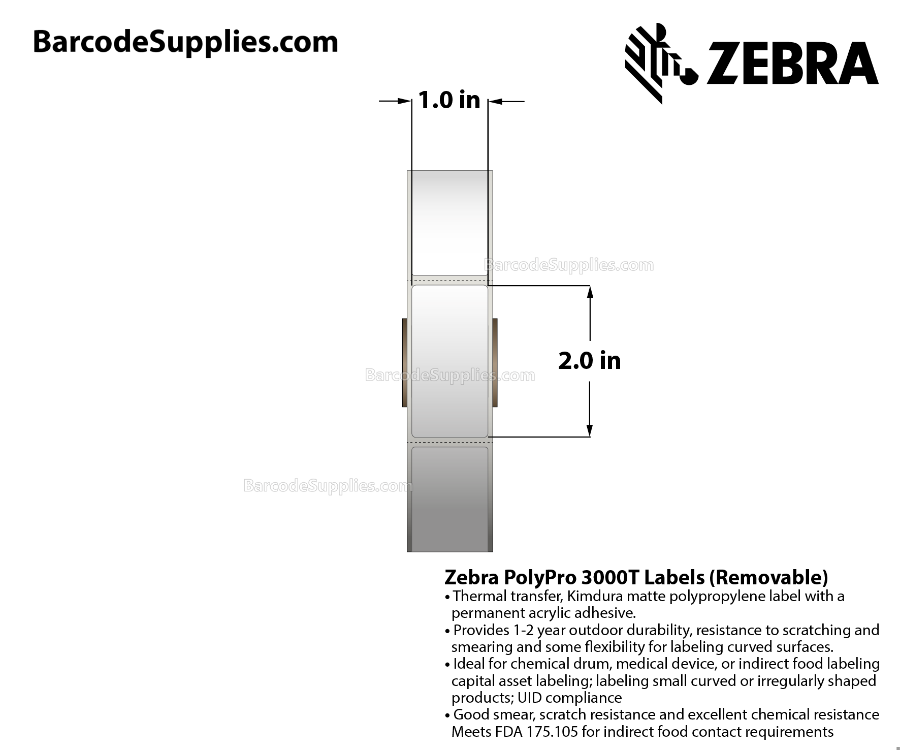 1 x 2 Thermal Transfer White PolyPro 4000T Removable Labels With Removable Adhesive - Perforated - 1025 Labels Per Roll - Carton Of 1 Rolls - 1025 Labels Total - MPN: 10022931