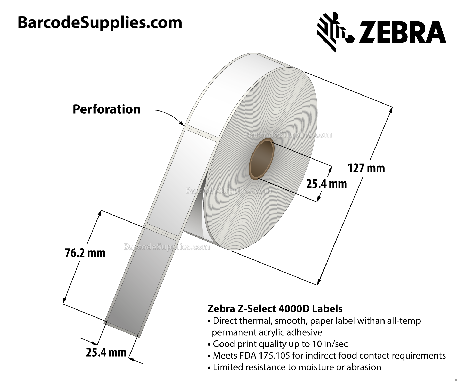 1 x 3 Direct Thermal White Z-Select 4000D Labels With All-Temp Adhesive - Perforated - 840 Labels Per Roll - Carton Of 6 Rolls - 5040 Labels Total - MPN: 10010036