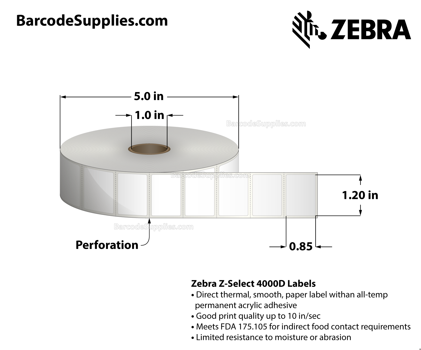 1.2 x 0.85 Direct Thermal White Z-Select 4000D Labels With All-Temp Adhesive - Perforated - 2710 Labels Per Roll - Carton Of 6 Rolls - 16260 Labels Total - MPN: 10010037