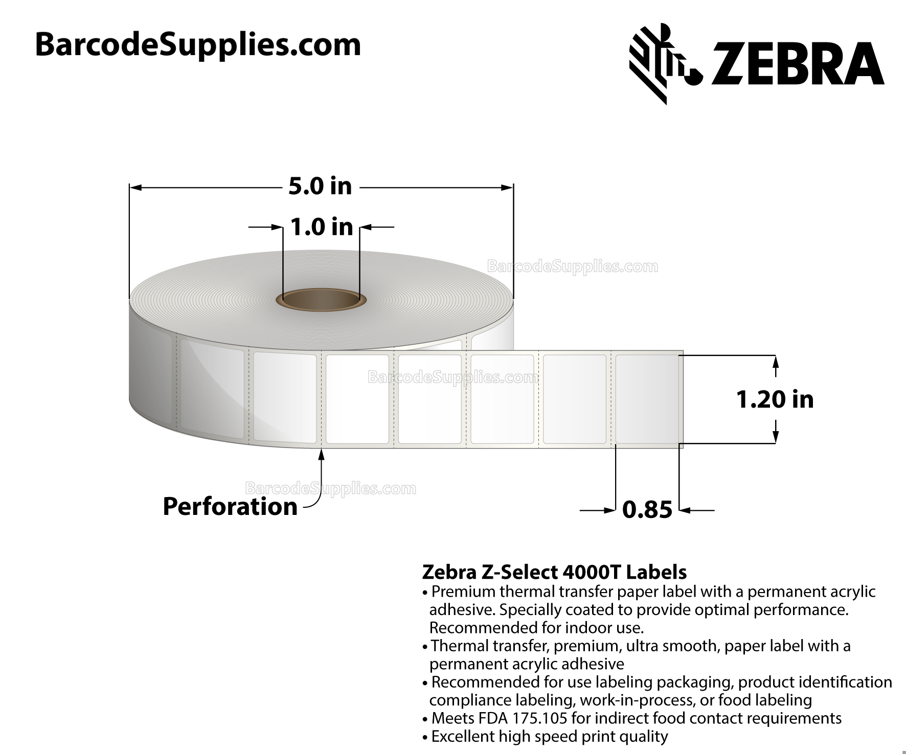 1.2 x 0.85 Thermal Transfer White Z-Select 4000T Labels With Permanent Adhesive - Perforated - 3000 Labels Per Roll - Carton Of 6 Rolls - 18000 Labels Total - MPN: 10009522