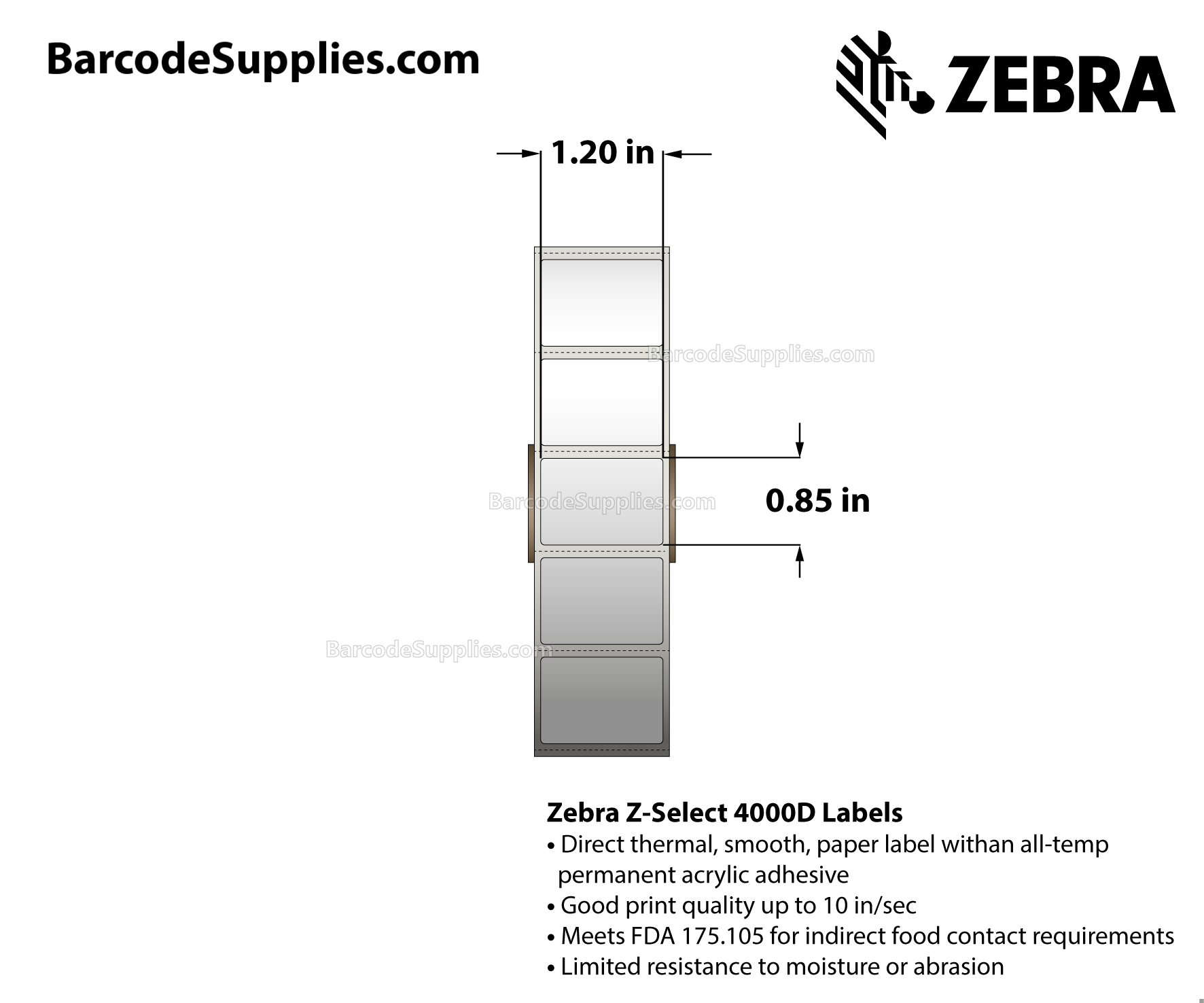 1.2 x 0.85 Direct Thermal White Z-Select 4000D Labels With All-Temp Adhesive - Perforated - 2710 Labels Per Roll - Carton Of 6 Rolls - 16260 Labels Total - MPN: 10010037