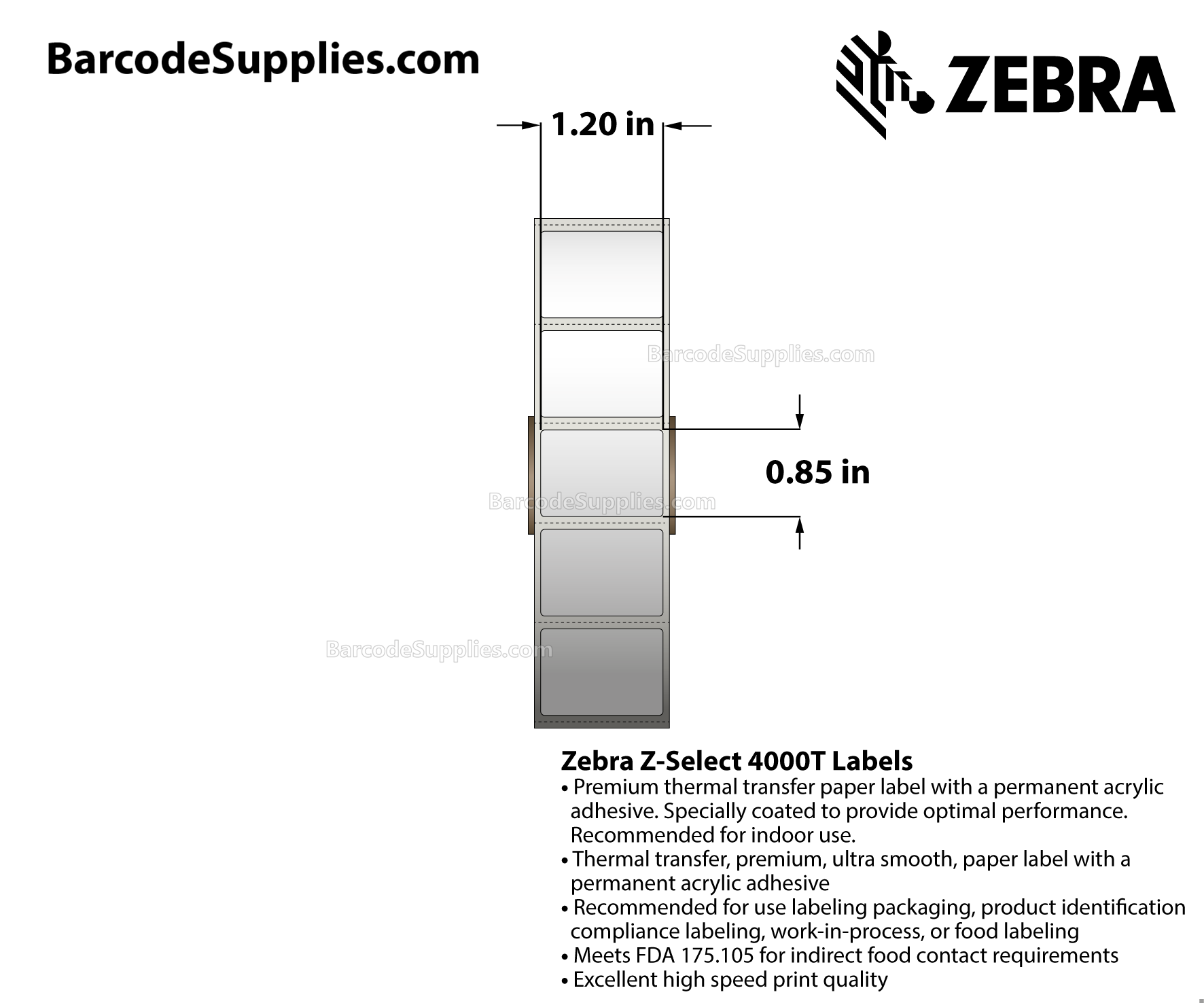 1.2 x 0.85 Thermal Transfer White Z-Select 4000T Labels With Permanent Adhesive - Perforated - 3000 Labels Per Roll - Carton Of 6 Rolls - 18000 Labels Total - MPN: 10009522