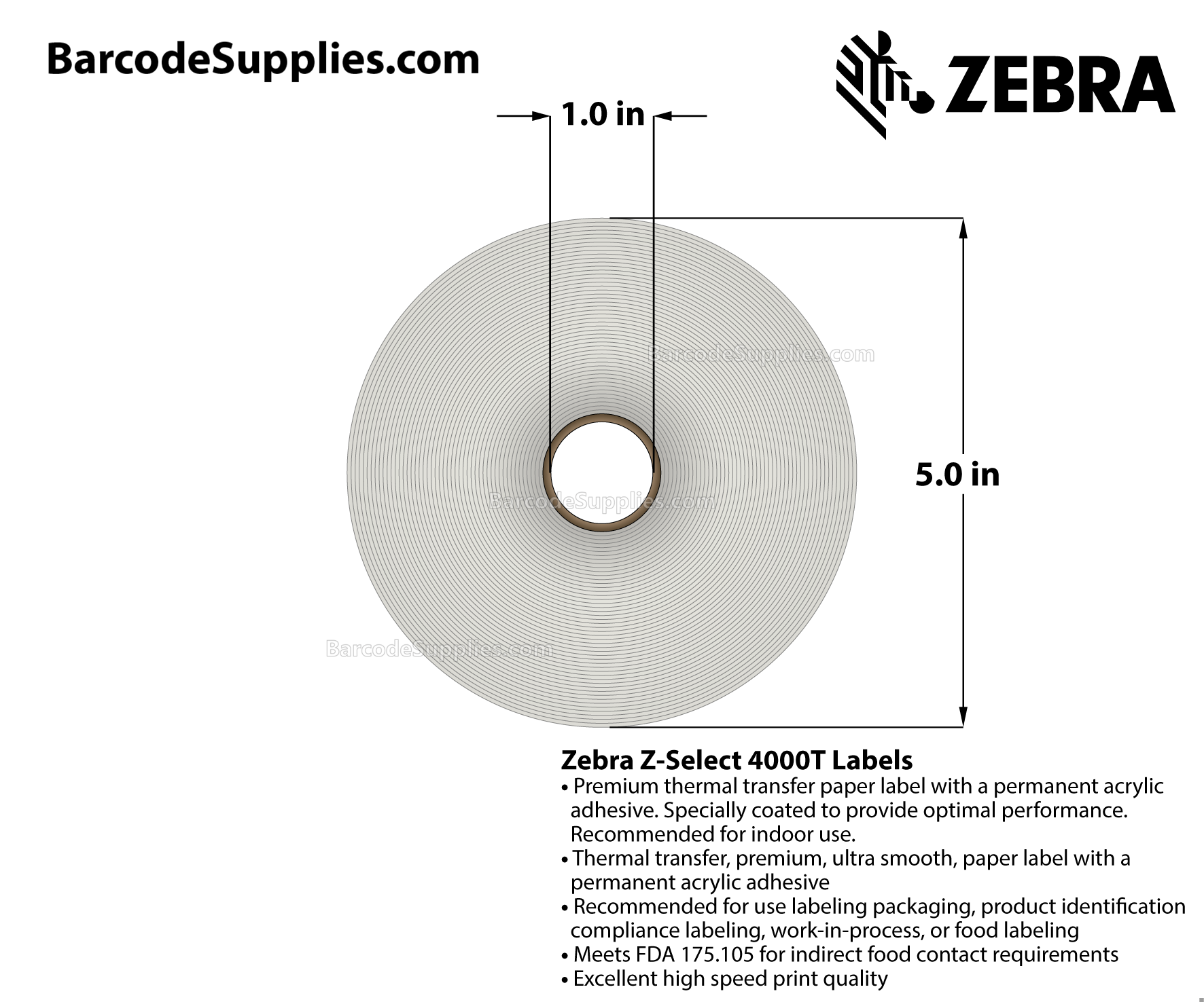 1.2 x 0.85 Thermal Transfer White Z-Select 4000T Labels With Permanent Adhesive - Perforated - 3000 Labels Per Roll - Carton Of 6 Rolls - 18000 Labels Total - MPN: 10009522