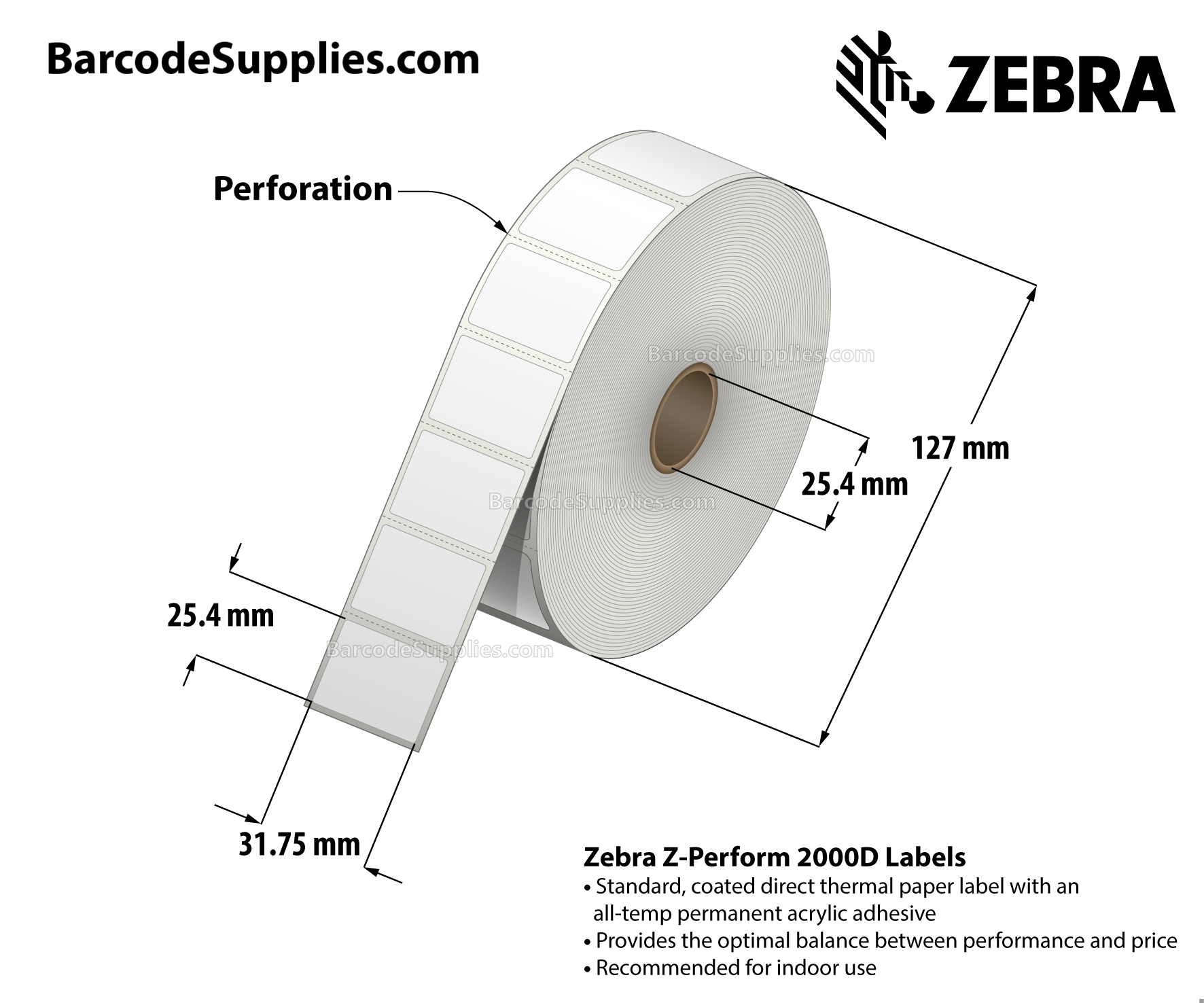 1.25 x 1 Direct Thermal White Z-Perform 2000D Labels With All-Temp Adhesive - Perforated - 2340 Labels Per Roll - Carton Of 6 Rolls - 14040 Labels Total - MPN: 10015784