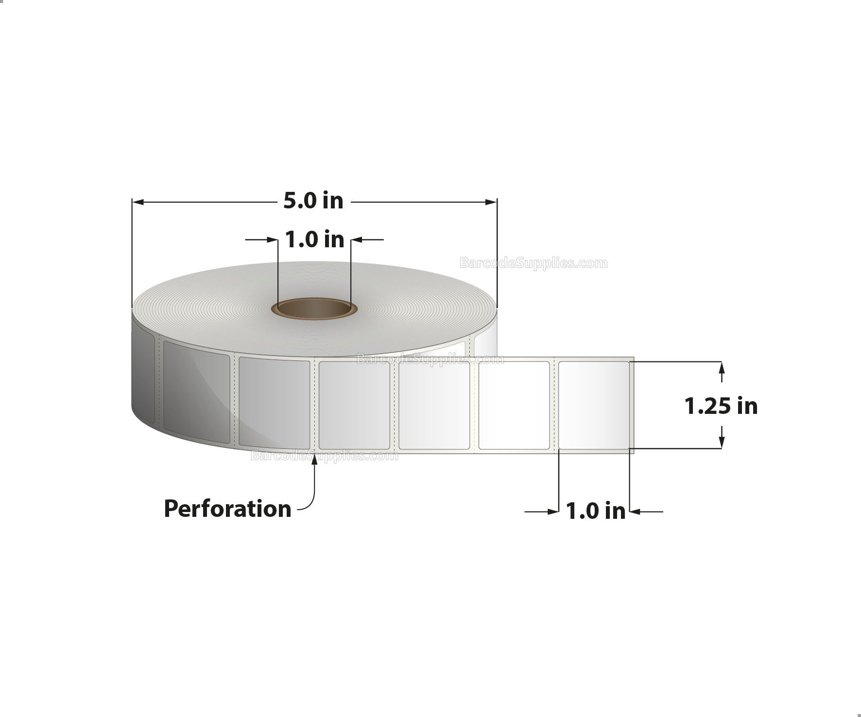 1.25 x 1 Thermal Transfer White Labels With Permanent Acrylic Adhesive - Perforated - 2300 Labels Per Roll - Carton Of 4 Rolls - 9200 Labels Total - MPN: TH1251-15PTT