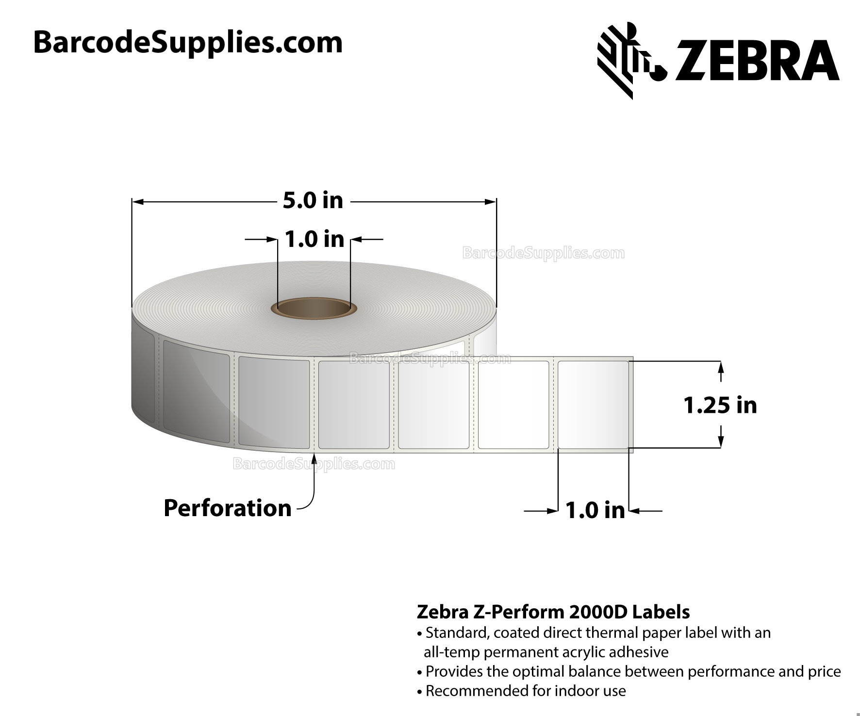 1.25 x 1 Direct Thermal White Z-Perform 2000D Labels With All-Temp Adhesive - Perforated - 2340 Labels Per Roll - Carton Of 6 Rolls - 14040 Labels Total - MPN: 10015784
