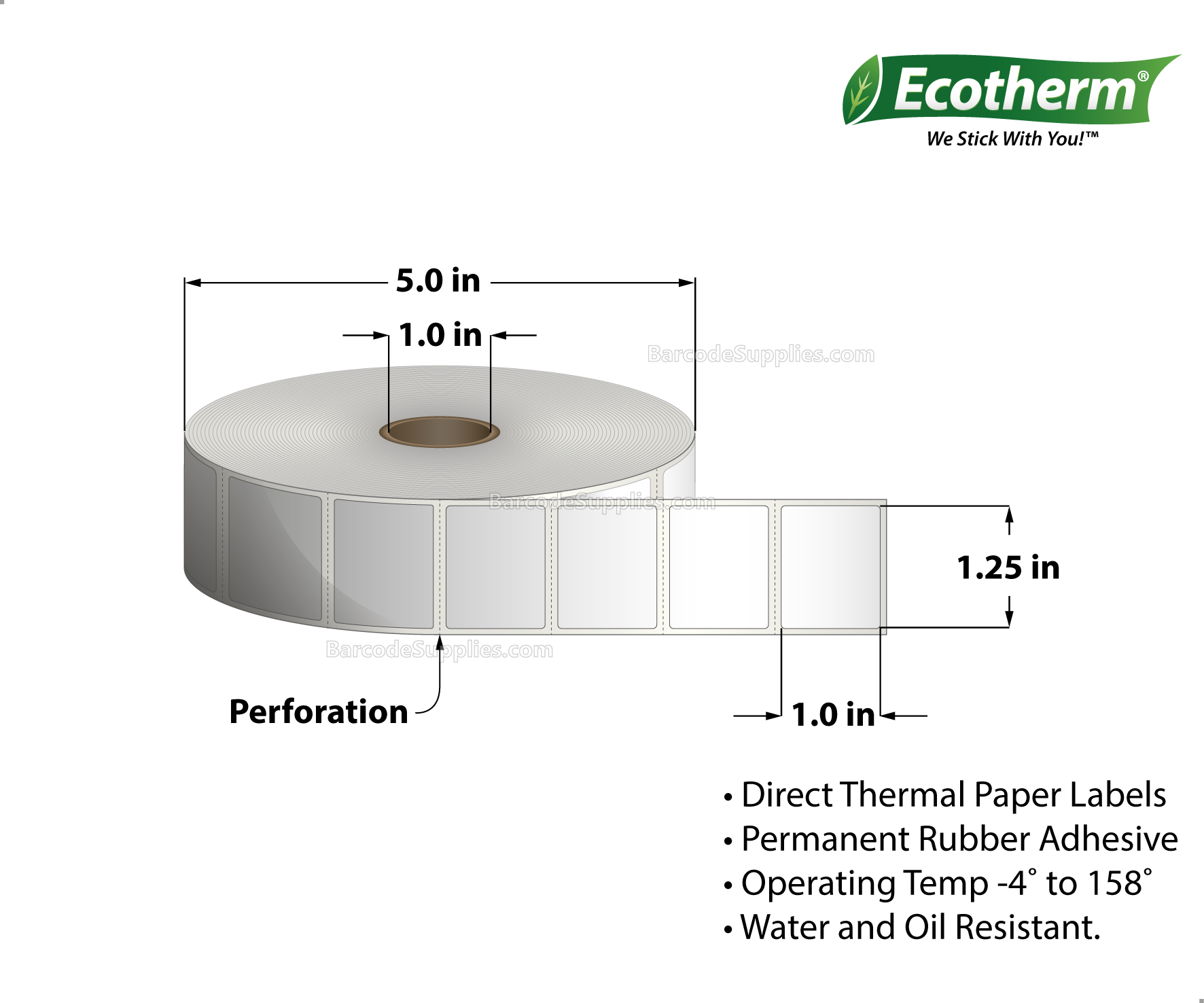 1.25 x 1 Direct Thermal White Labels With Rubber Adhesive - Perforated - 2340 Labels Per Roll - Carton Of 6 Rolls - 14040 Labels Total - MPN: ECOTHERM15114-6