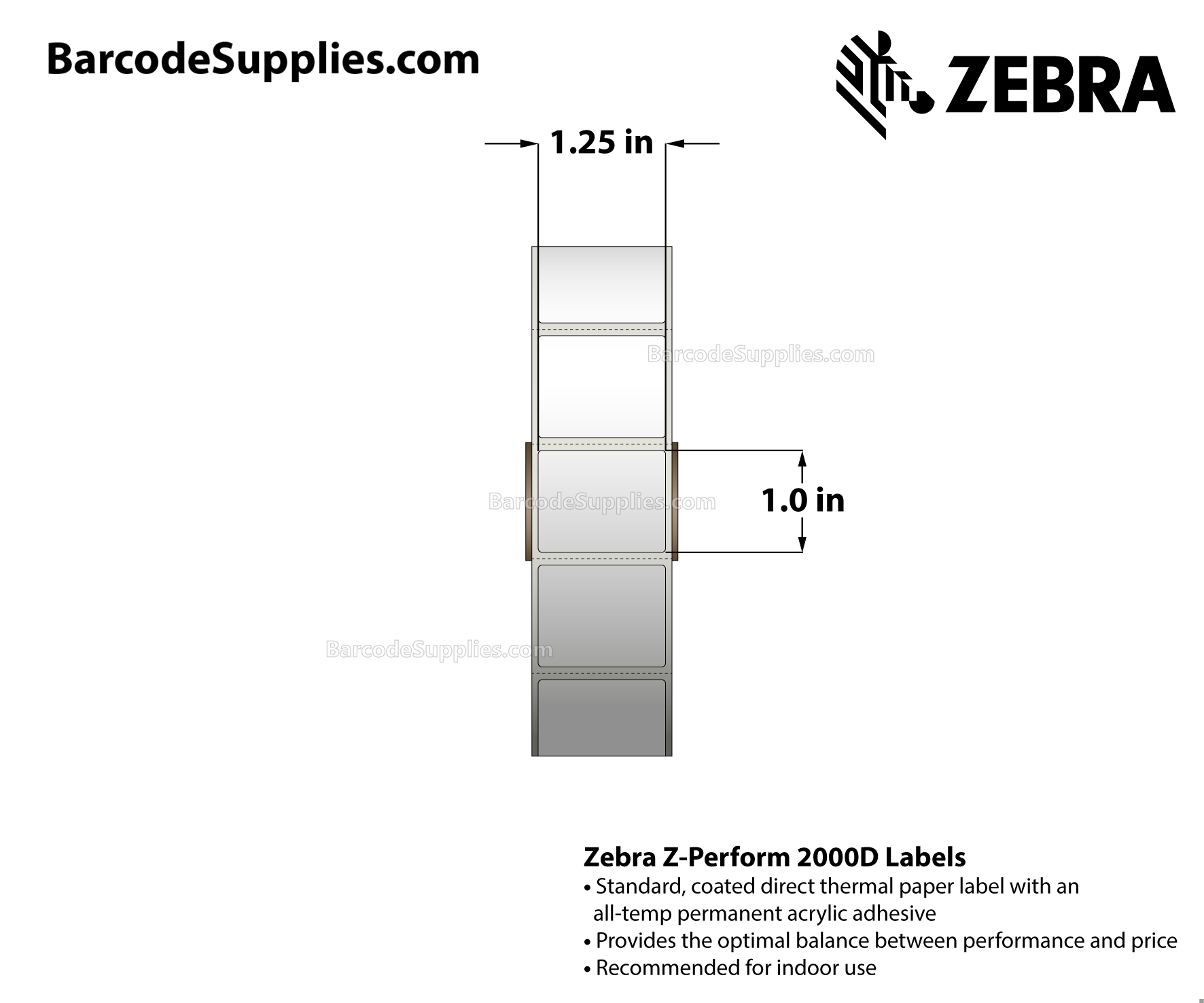 1.25 x 1 Direct Thermal White Z-Perform 2000D Labels With All-Temp Adhesive - Perforated - 2340 Labels Per Roll - Carton Of 6 Rolls - 14040 Labels Total - MPN: 10015784