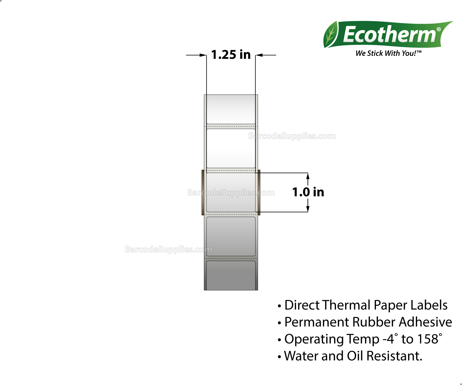 1.25 x 1 Direct Thermal White Labels With Rubber Adhesive - Perforated - 2340 Labels Per Roll - Carton Of 6 Rolls - 14040 Labels Total - MPN: ECOTHERM15114-6