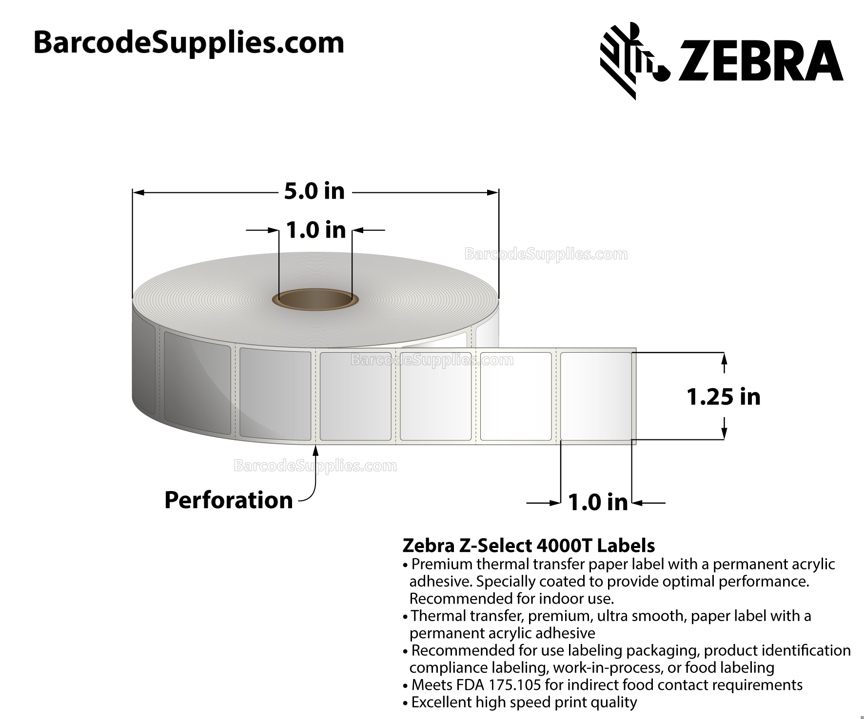 1.25 x 1 Thermal Transfer White Z-Select 4000T Labels With Permanent Adhesive - Perforated - 2580 Labels Per Roll - Carton Of 6 Rolls - 15480 Labels Total - MPN: 10009523