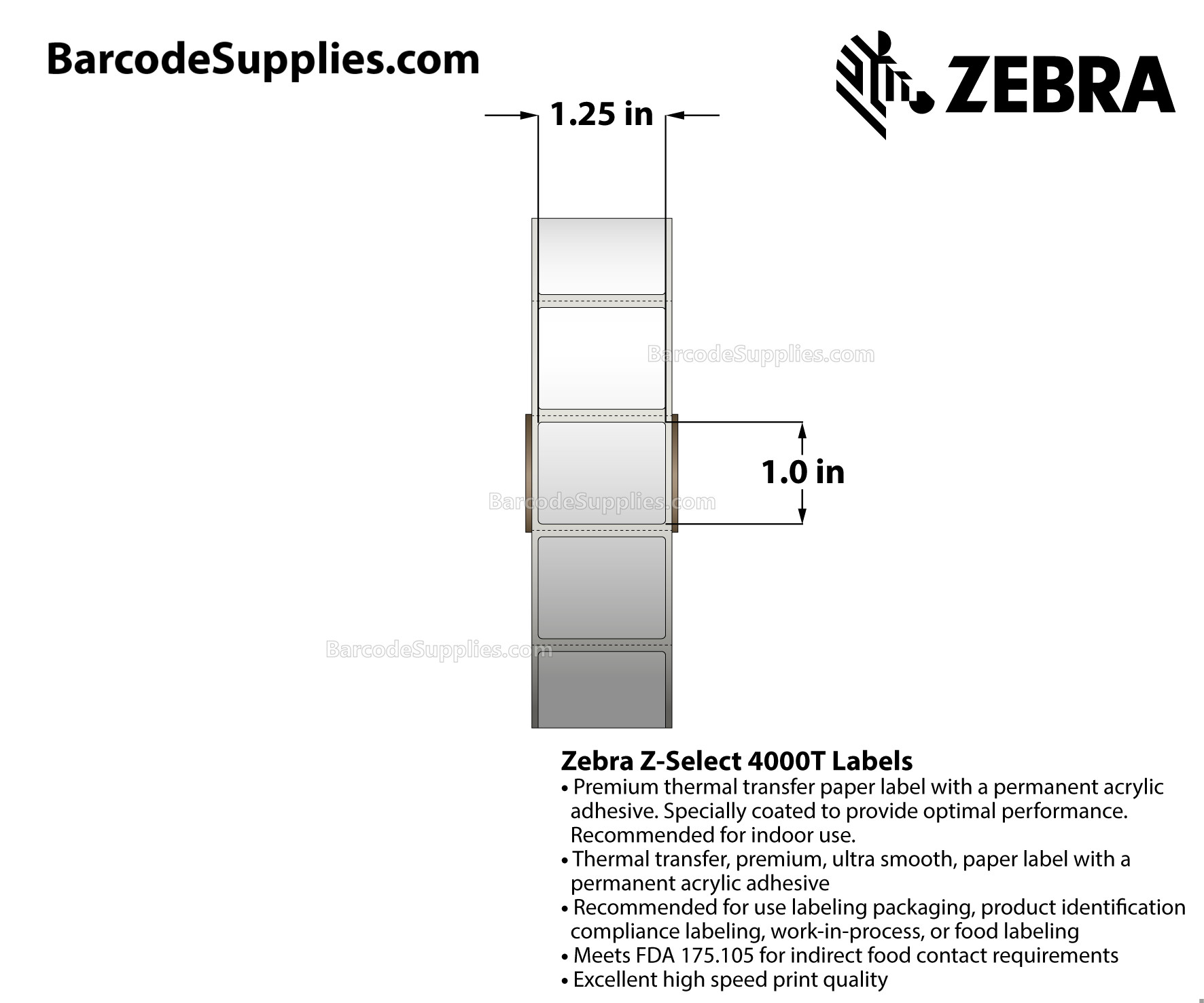 1.25 x 1 Thermal Transfer White Z-Select 4000T Labels With Permanent Adhesive - Perforated - 2580 Labels Per Roll - Carton Of 6 Rolls - 15480 Labels Total - MPN: 10009523