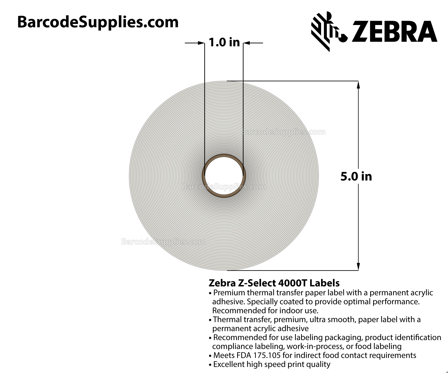 1.25 x 1 Thermal Transfer White Z-Select 4000T Labels With Permanent Adhesive - Perforated - 2580 Labels Per Roll - Carton Of 6 Rolls - 15480 Labels Total - MPN: 10009523