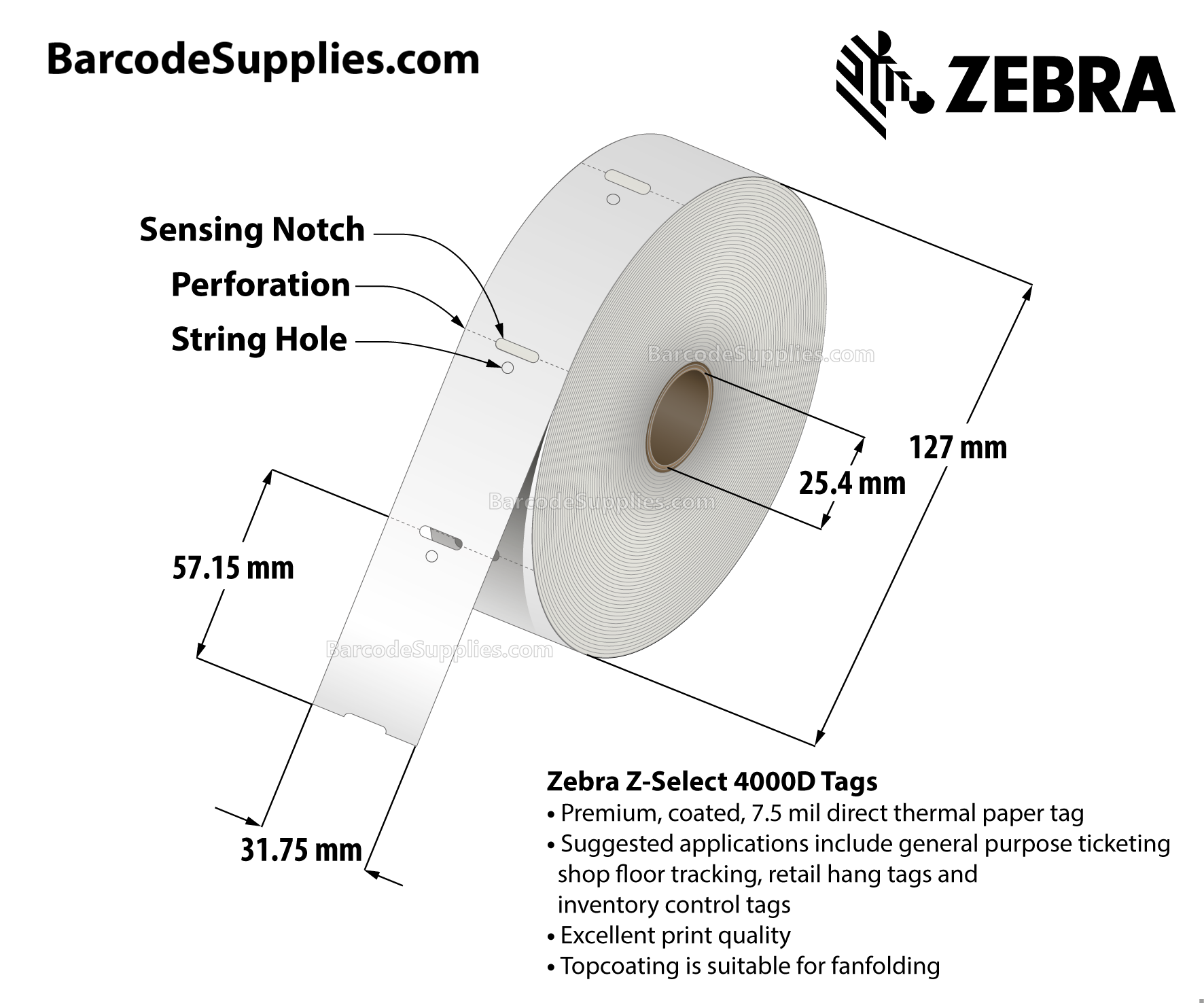 1.25 x 2.25 Direct Thermal White Z-Select 4000D 7 mil Tag Tags With No Adhesive - Contains sensing notch and stringhole - Perforated - 980 Tags Per Roll - Carton Of 6 Rolls - 5880 Tags Total - MPN: 10010053