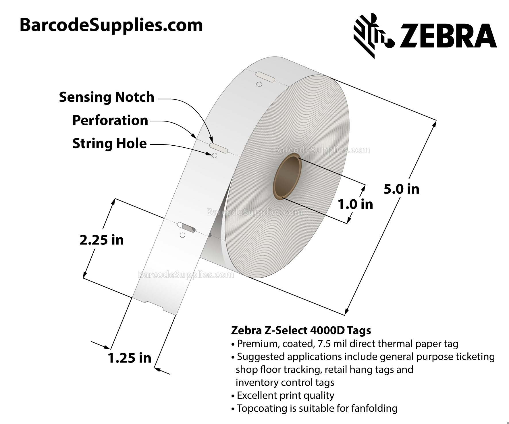 Zebra 1.25 x 2.25 Direct Thermal Labels - Z-Select 4000D 7 mil Tag Zebra 1.25 x 2.25 Direct Thermal Labels - Z-Select 4000D 7 mil Tag