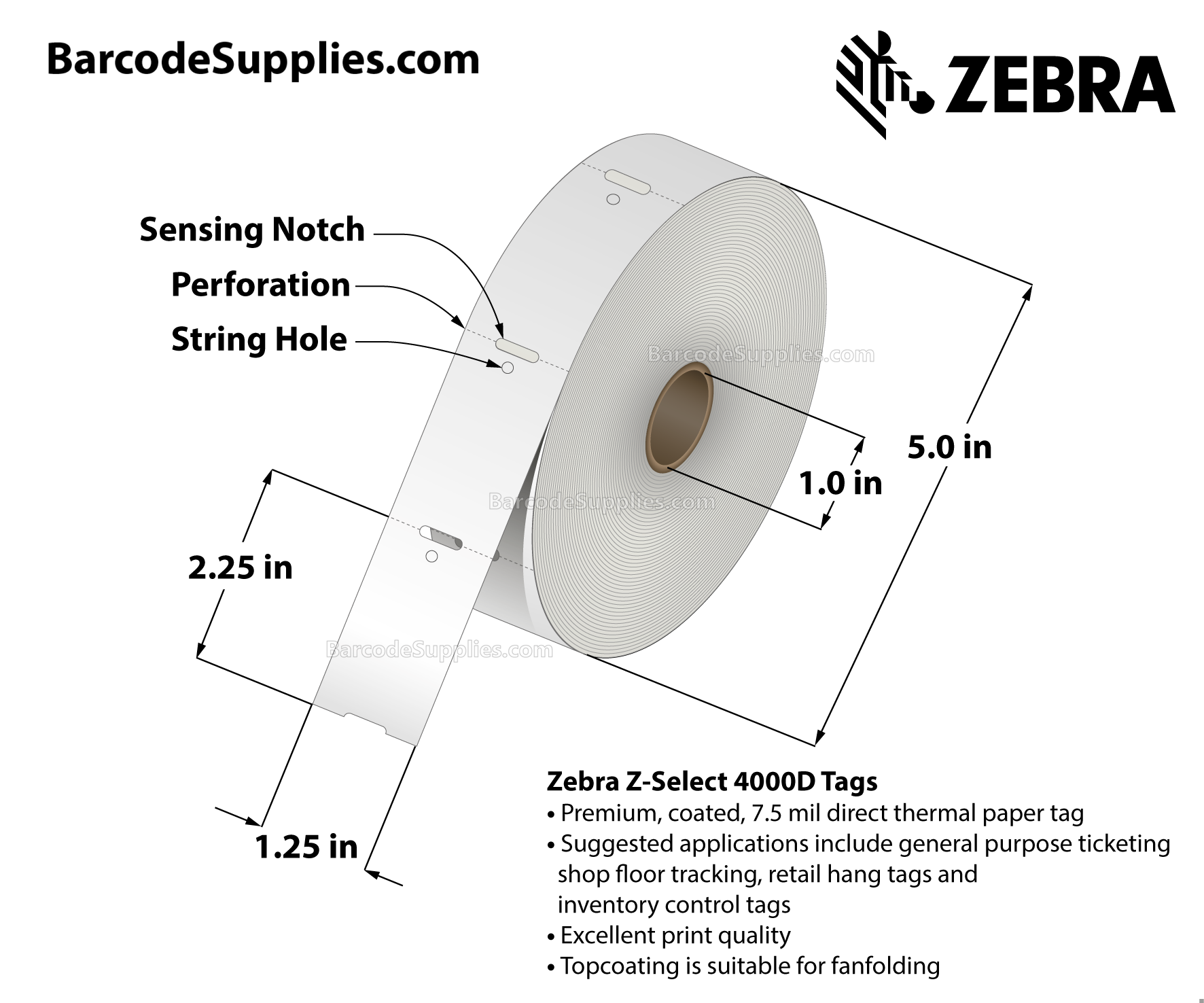 1.25 x 2.25 Direct Thermal White Z-Select 4000D 7 mil Tag Tags With No Adhesive - Contains sensing notch and stringhole - Perforated - 980 Tags Per Roll - Carton Of 6 Rolls - 5880 Tags Total - MPN: 10010053