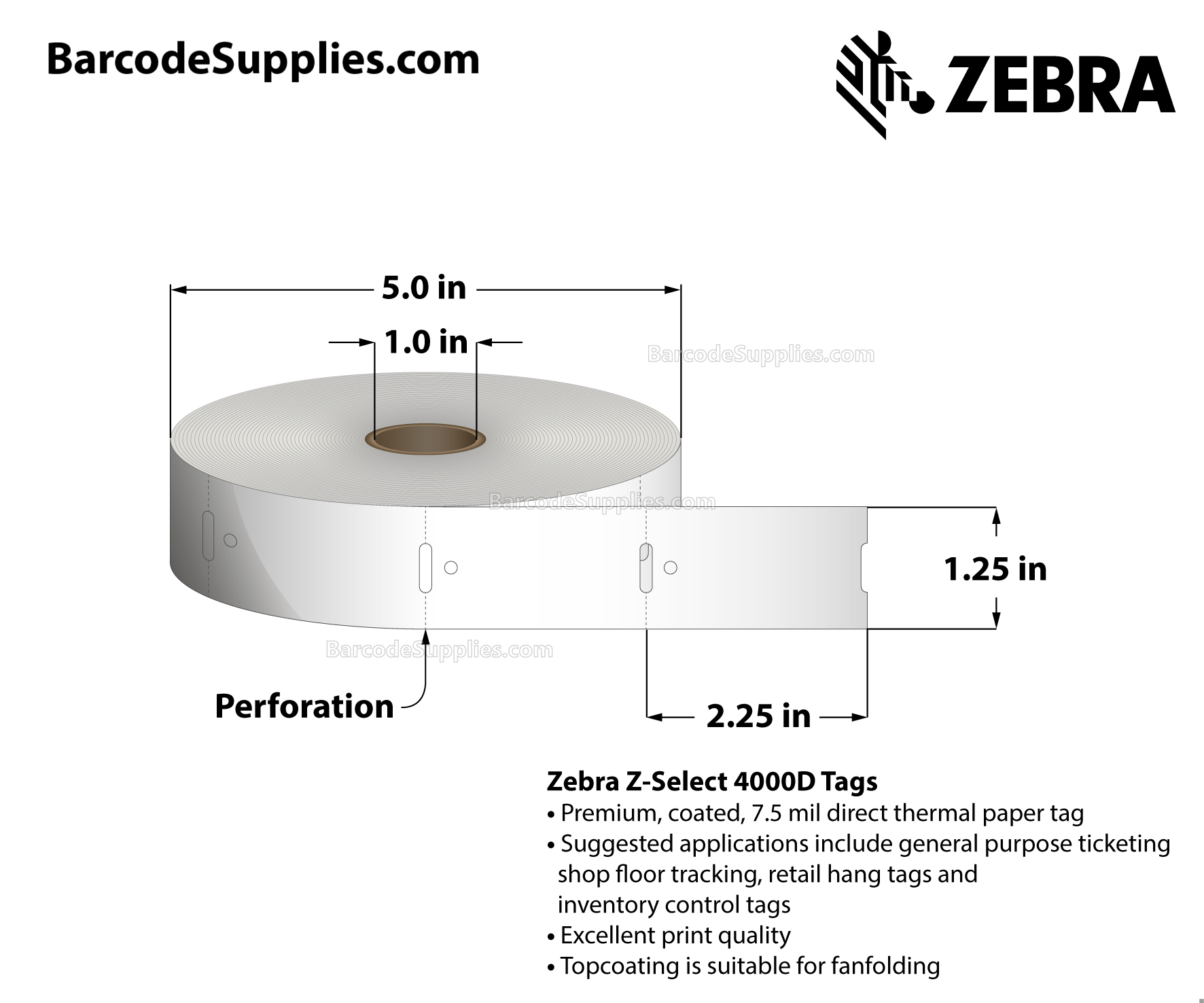 1.25 x 2.25 Direct Thermal White Z-Select 4000D 7 mil Tag Tags With No Adhesive - Contains sensing notch and stringhole - Perforated - 980 Tags Per Roll - Carton Of 6 Rolls - 5880 Tags Total - MPN: 10010053