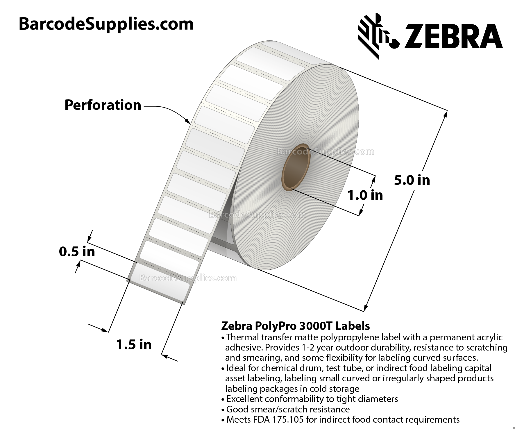 1.5 x 0.5 Thermal Transfer White PolyPro 3000T Labels With Permanent Adhesive - - Perforated - 3780 Labels Per Roll - Carton Of 8 Rolls - 30240 Labels Total - MPN: 18930