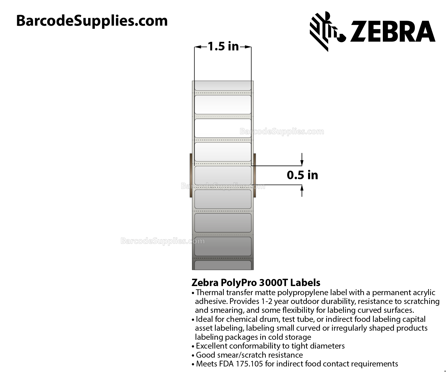 1.5 x 0.5 Thermal Transfer White PolyPro 3000T Labels With Permanent Adhesive - - Perforated - 3780 Labels Per Roll - Carton Of 8 Rolls - 30240 Labels Total - MPN: 18930