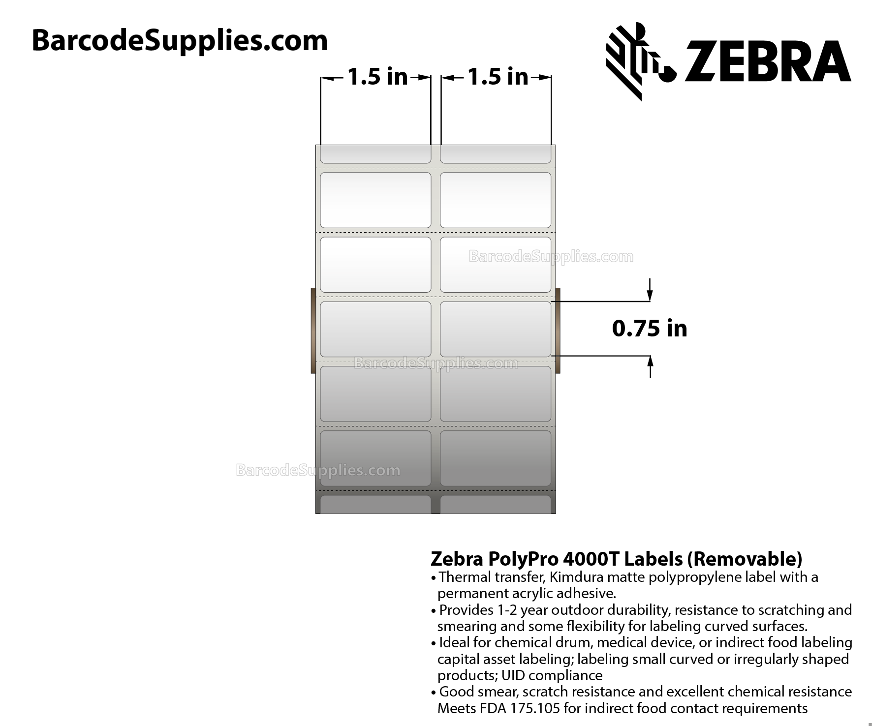 1.5 x 0.75 Thermal Transfer White PolyPro 4000T Removable (2-Across) Labels With Removable Adhesive - Perforated - 1500 Labels Per Roll - Carton Of 1 Rolls - 1500 Labels Total - MPN: 10022933