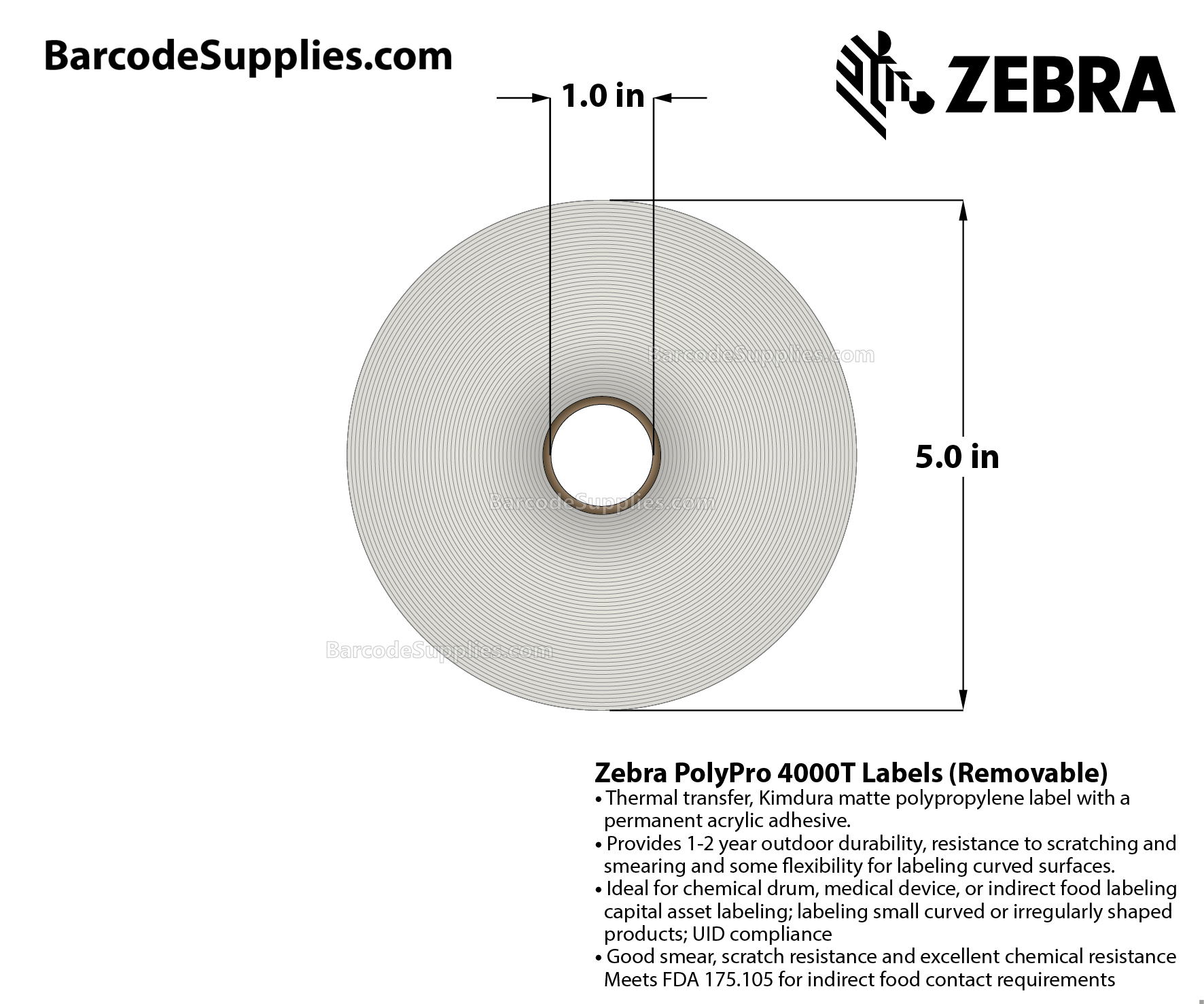 1.5 x 0.75 Thermal Transfer White PolyPro 4000T Removable (2-Across) Labels With Removable Adhesive - Perforated - 1500 Labels Per Roll - Carton Of 1 Rolls - 1500 Labels Total - MPN: 10022933