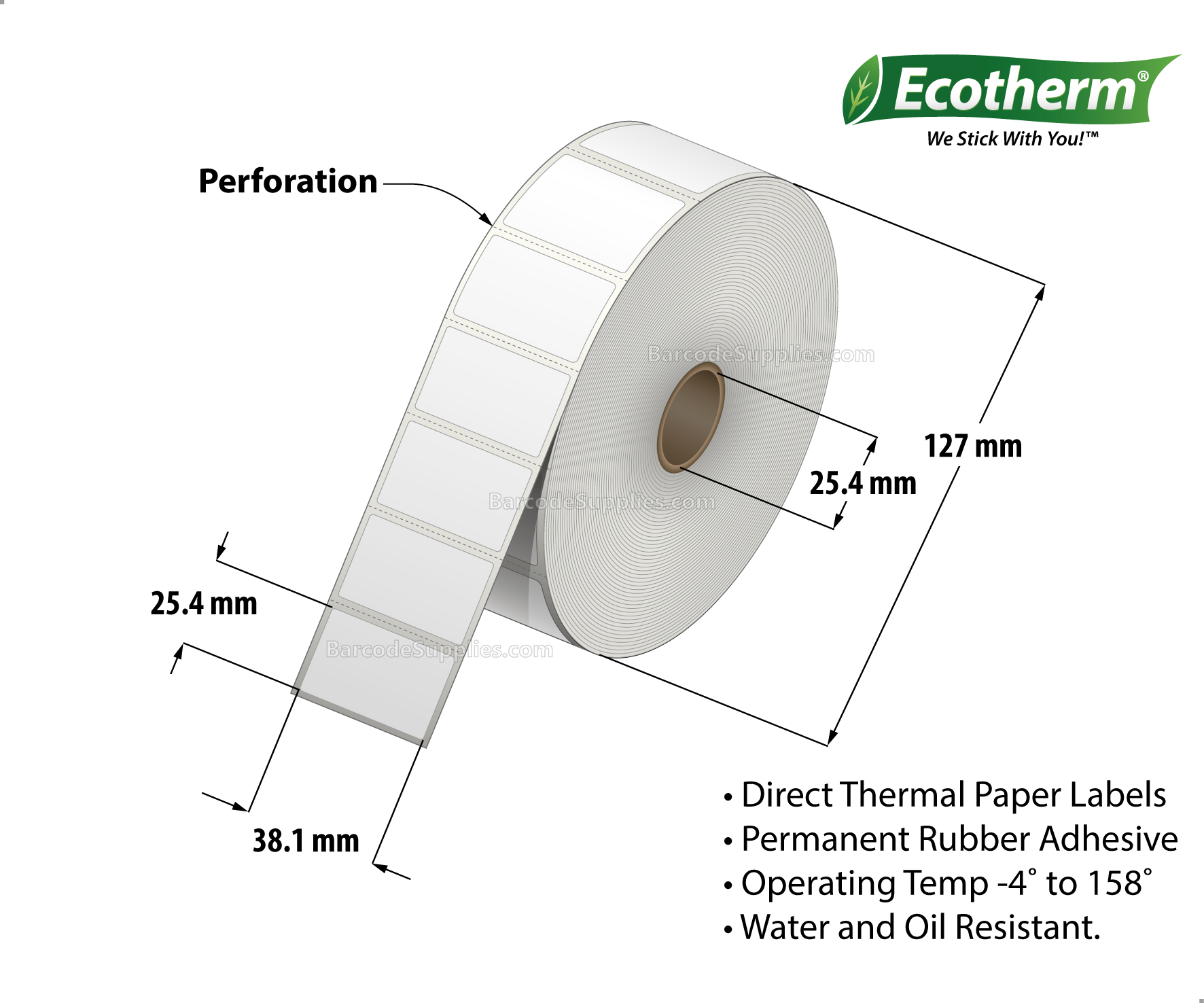 Products 1.5 x 1 Direct Thermal White Labels With Rubber Adhesive - Perforated - 1325 Labels Per Roll - Carton Of 6 Rolls - 11400 Labels Total - MPN: ECOTHERM15158-6