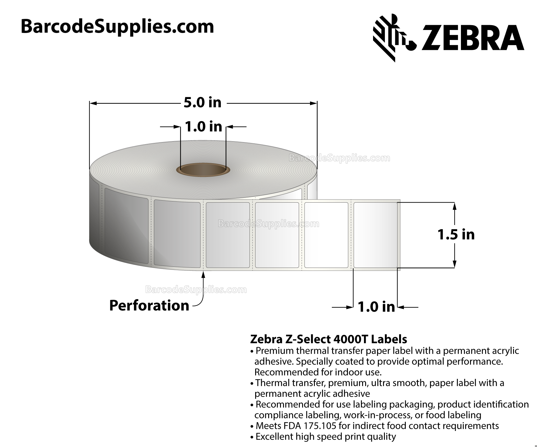 1.5 x 1 Thermal Transfer White Z-Select 4000T Labels With Permanent Adhesive - Perforated - 2260 Labels Per Roll - Carton Of 8 Rolls - 18080 Labels Total - MPN: 83258