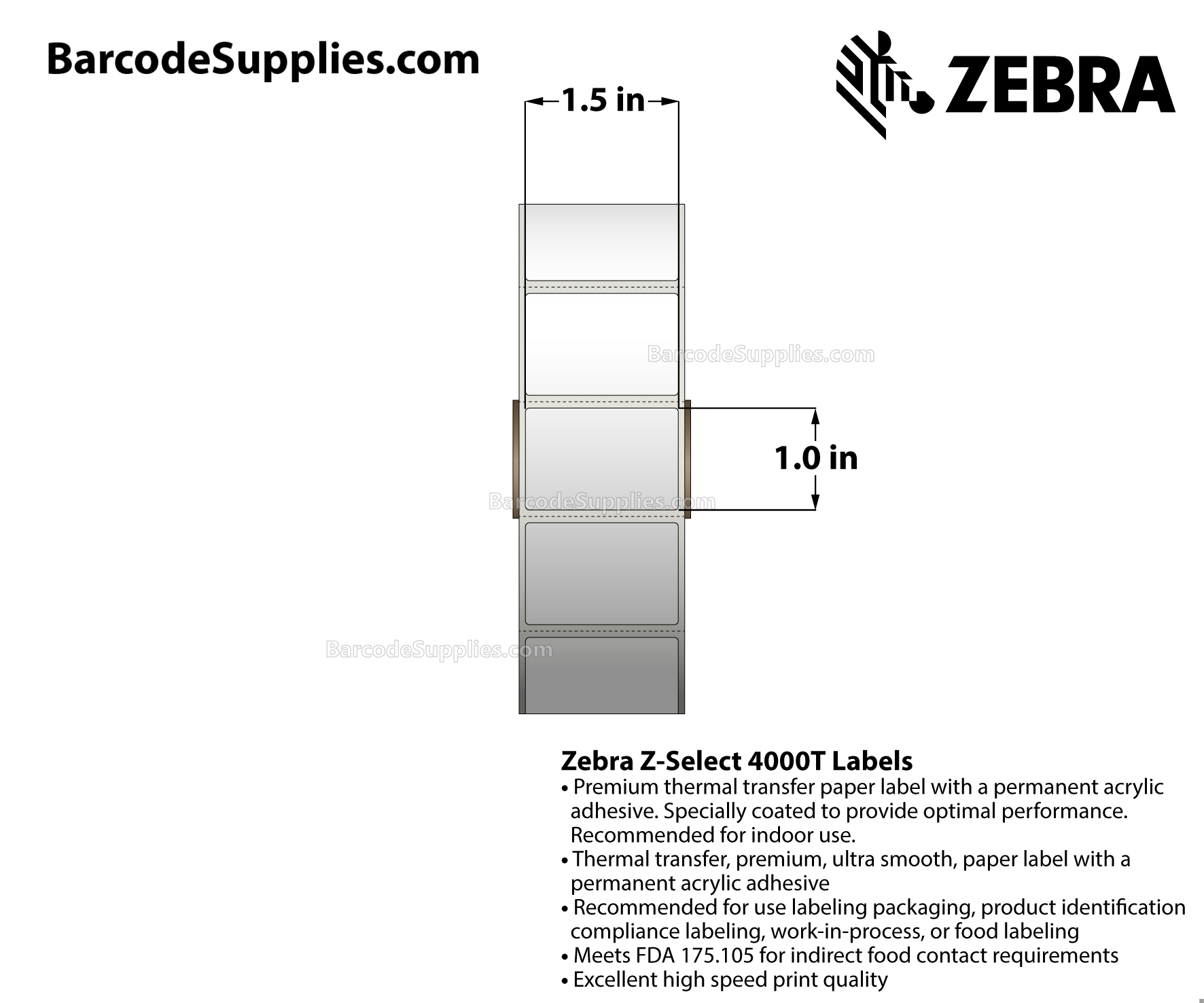 1.5 x 1 Thermal Transfer White Z-Select 4000T Labels With Permanent Adhesive - Perforated - 2260 Labels Per Roll - Carton Of 8 Rolls - 18080 Labels Total - MPN: 83258