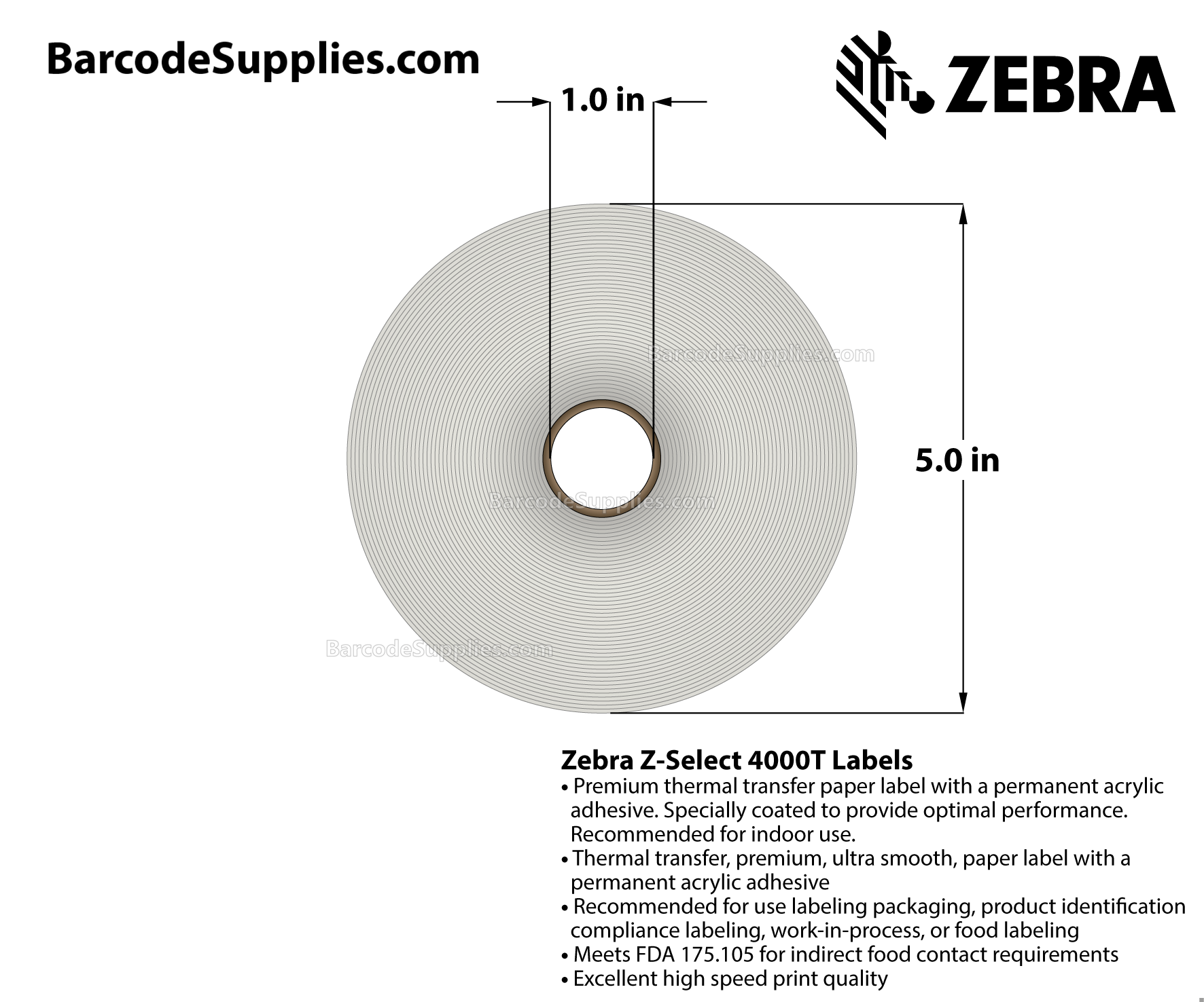 1.5 x 1 Thermal Transfer White Z-Select 4000T Labels With Permanent Adhesive - Perforated - 2260 Labels Per Roll - Carton Of 8 Rolls - 18080 Labels Total - MPN: 83258