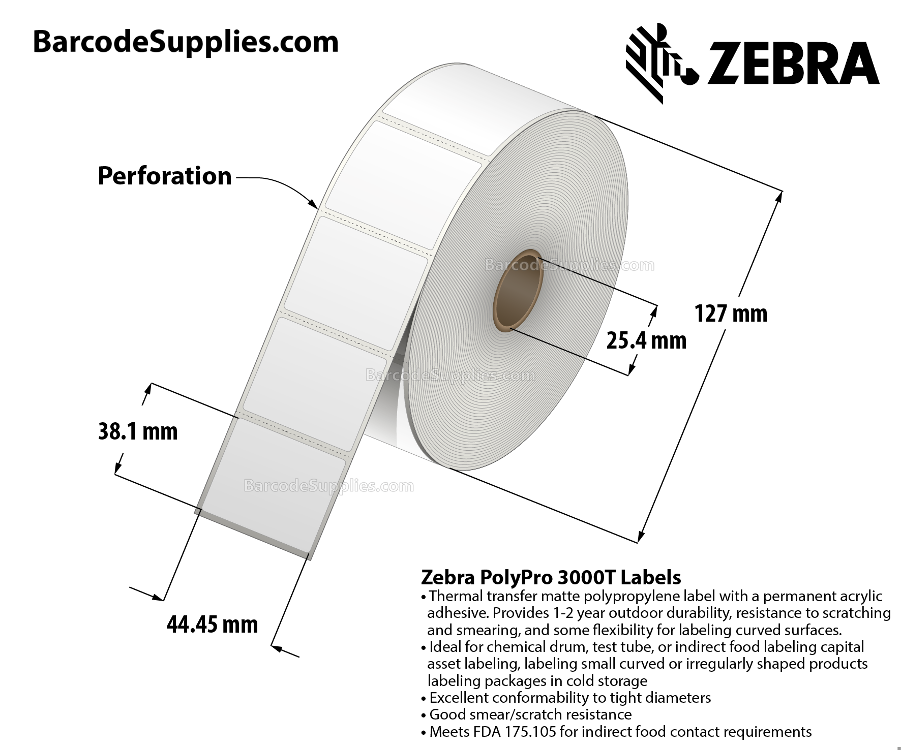 1.75 x 1.5 Thermal Transfer White PolyPro 3000T Labels With Permanent Adhesive - Perforated - 1450 Labels Per Roll - Carton Of 1 Rolls - 1450 Labels Total - MPN: 10023333