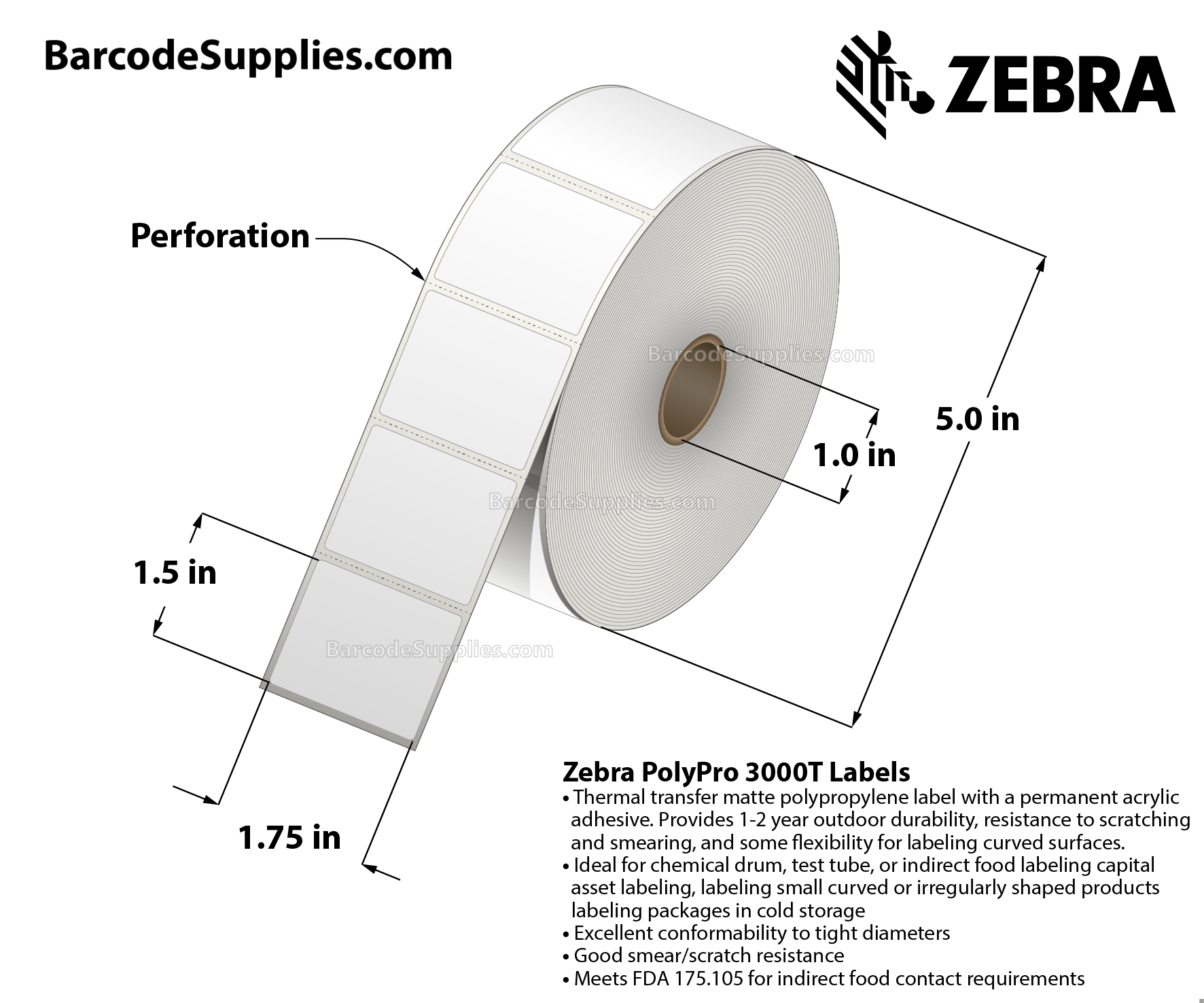 1.75 x 1.5 Thermal Transfer White PolyPro 3000T Labels With Permanent Adhesive - Perforated - 1450 Labels Per Roll - Carton Of 1 Rolls - 1450 Labels Total - MPN: 10023333