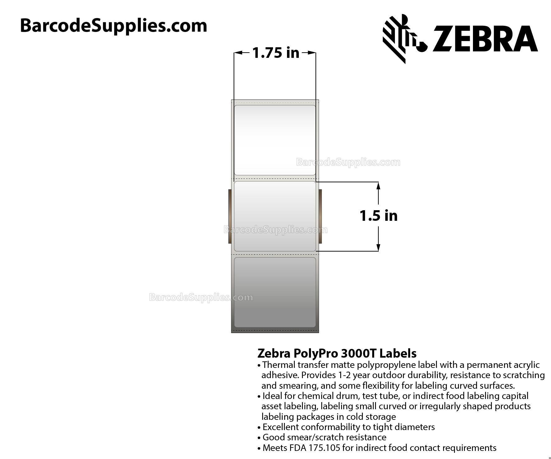 1.75 x 1.5 Thermal Transfer White PolyPro 3000T Labels With Permanent Adhesive - Perforated - 1450 Labels Per Roll - Carton Of 1 Rolls - 1450 Labels Total - MPN: 10023333