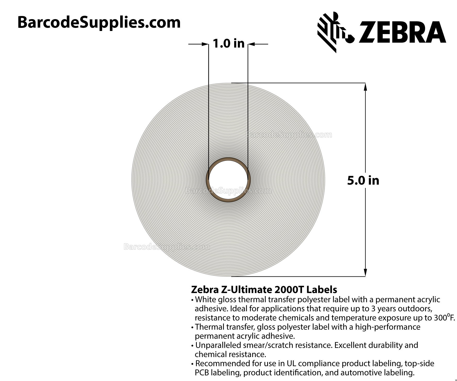 2 x 0.25 Thermal Transfer White Z-Ultimate 2000T Labels With Permanent Adhesive - Perforated - 2500 Labels Per Roll - Carton Of 1 Rolls - 2500 Labels Total - MPN: 10023033