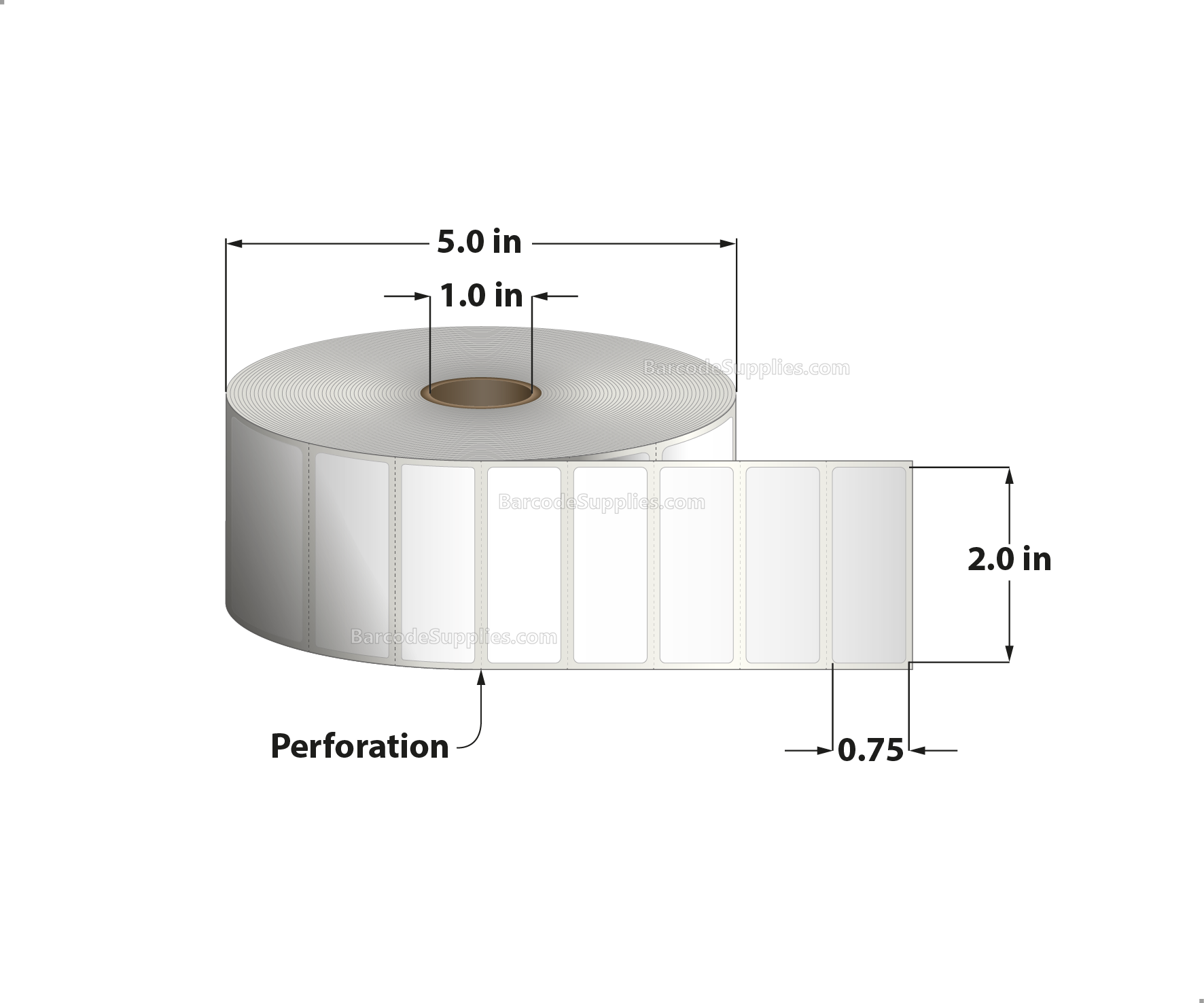 2 x 0.75 Thermal Transfer White Labels With Permanent Acrylic Adhesive - Perforated - 3000 Labels Per Roll - Carton Of 4 Rolls - 12000 Labels Total - MPN: TH275-1PTTPOLY