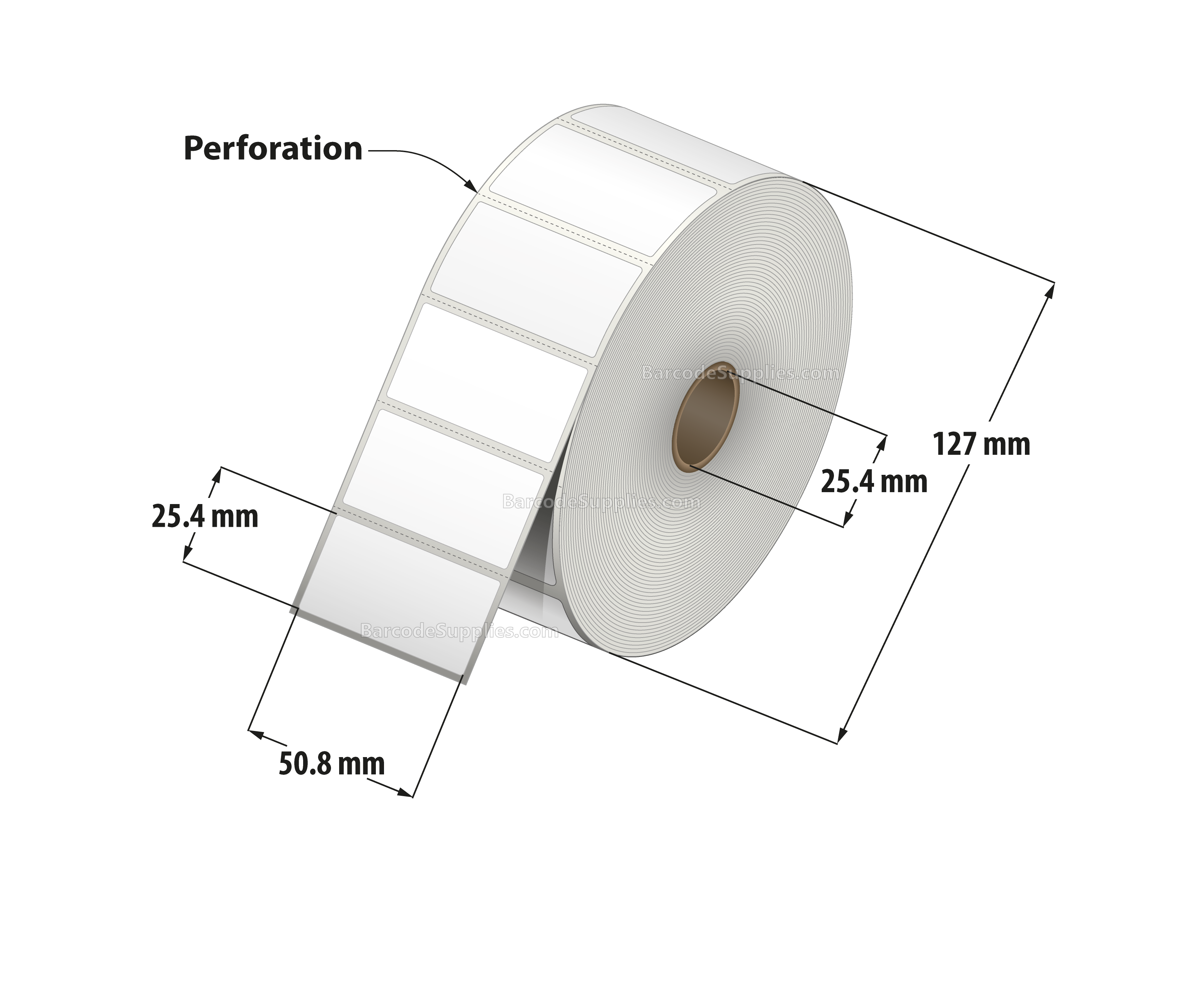 2 x 1 Direct Thermal White Labels With Acrylic Adhesive - Perforated - 2500 Labels Per Roll - Carton Of 12 Rolls - 30000 Labels Total - MPN: RD-2-1-2500-1 - BarcodeSource, Inc.