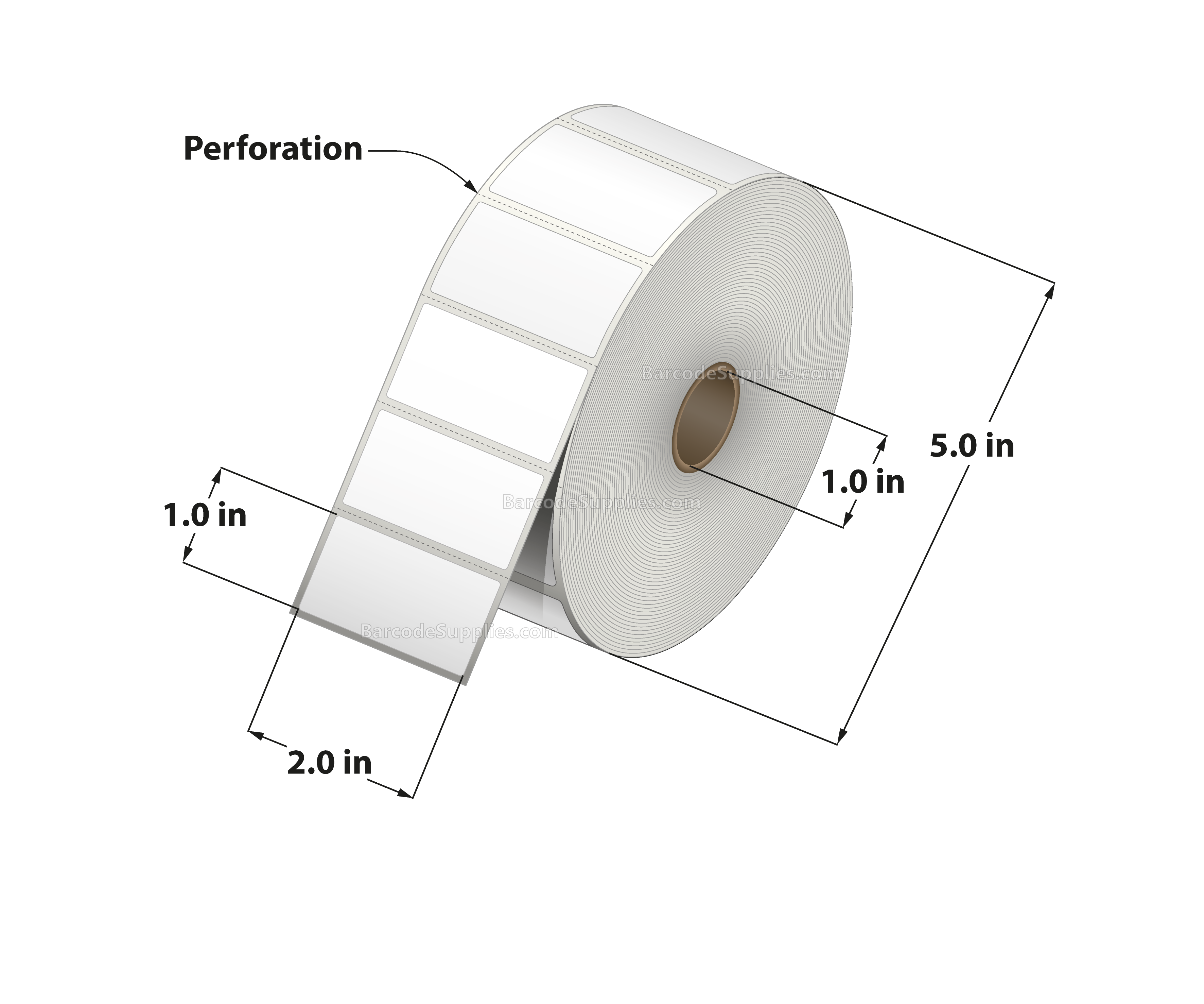 2 x 1 Thermal Transfer White Labels With Permanent Adhesive - Perforated - 2500 Labels Per Roll - Carton Of 12 Rolls - 30000 Labels Total - MPN: RT-2-1-2500-1 - BarcodeSource, Inc.