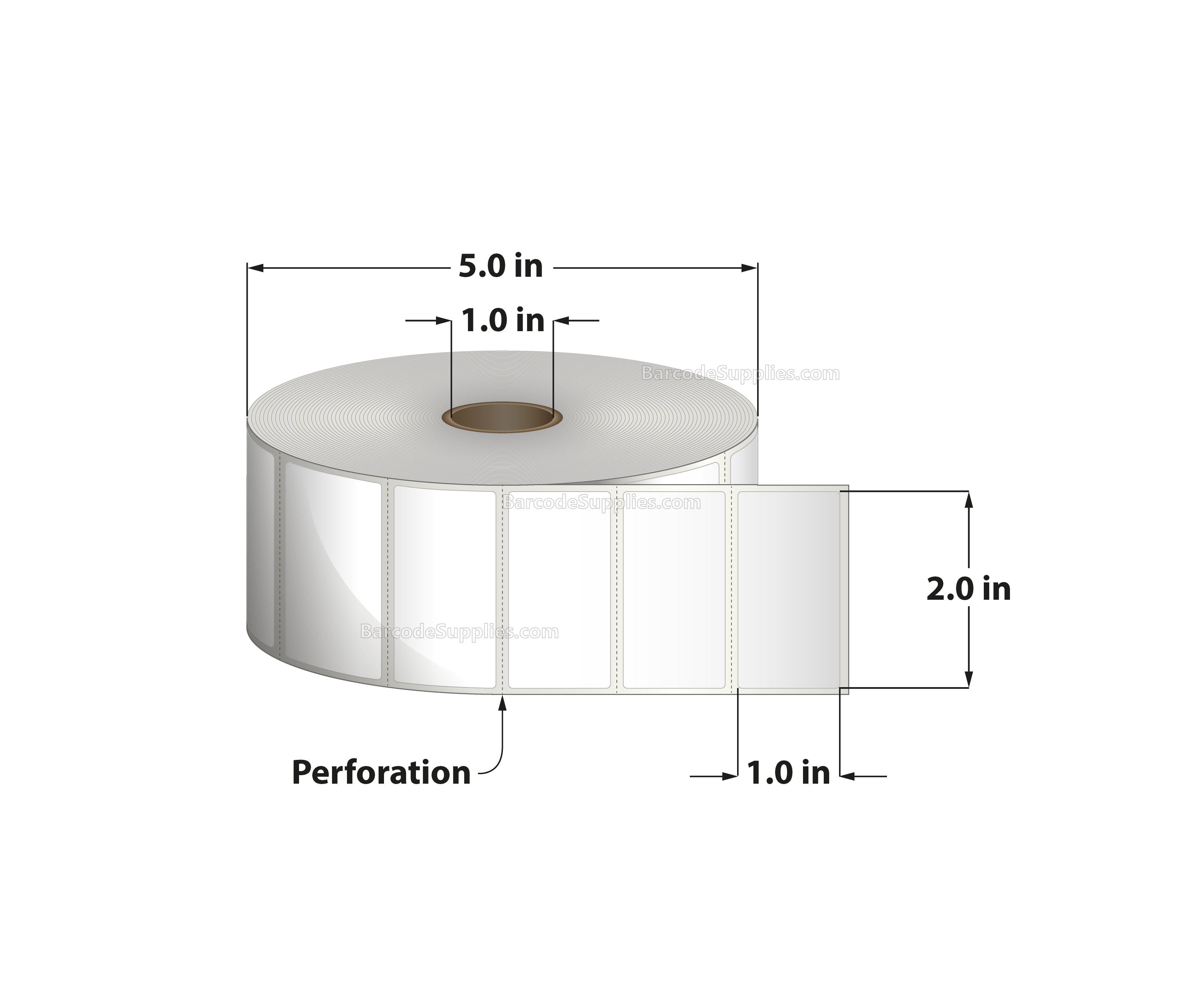 2 x 1 Thermal Transfer White Labels With Permanent Adhesive - Perforated - 2500 Labels Per Roll - Carton Of 12 Rolls - 30000 Labels Total - MPN: RT-2-1-2500-1 - BarcodeSource, Inc.